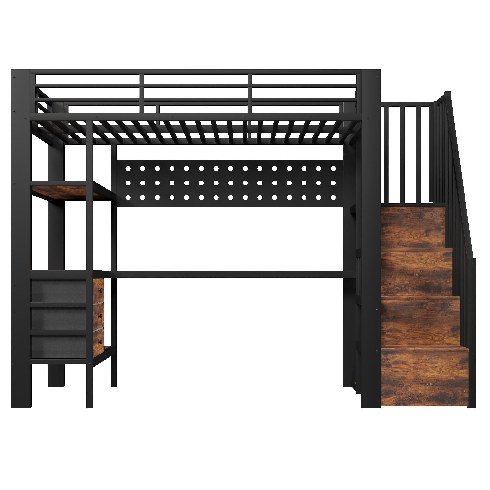 Hochbett 90×200 cm, Ablageböden, Treppe mit Stauraum, ohne Matratze, 251x96x170 cm, Schwarz