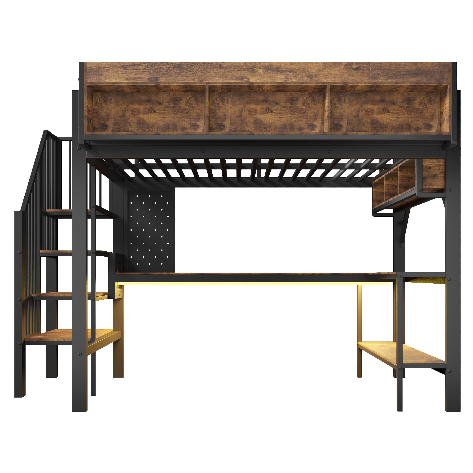 Hochbett 140x200 cm Vintage-Stil mit Eckschreibtisch, viel Stauraum und Metall‑Lochplatte, integrierte Steckdosenleiste, 255x164x182 cm, Braun+Schwarz