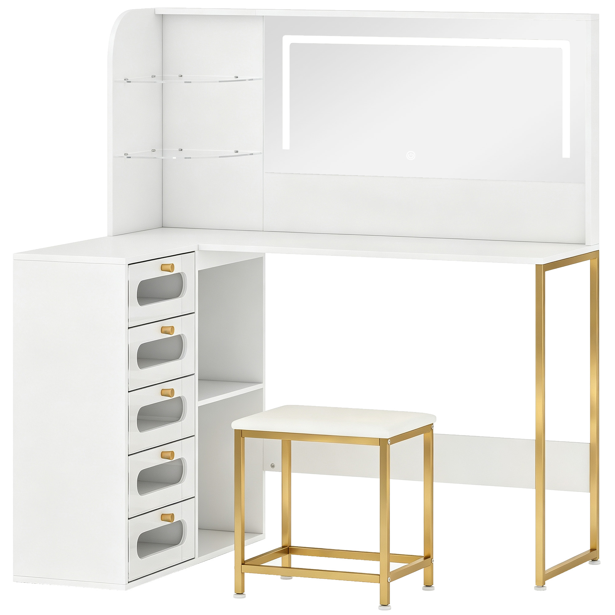 HOMCOM Schminktisch mit Spiegel und dimmbaren LED-Leuchten, Schminktisch mit gepolstertem Hocker, 2 Lichtfarben, 5 Schubladen, 2 offene Fächer und 2 Glasablagen, für Schlafzimmer, Weiß Aosom
