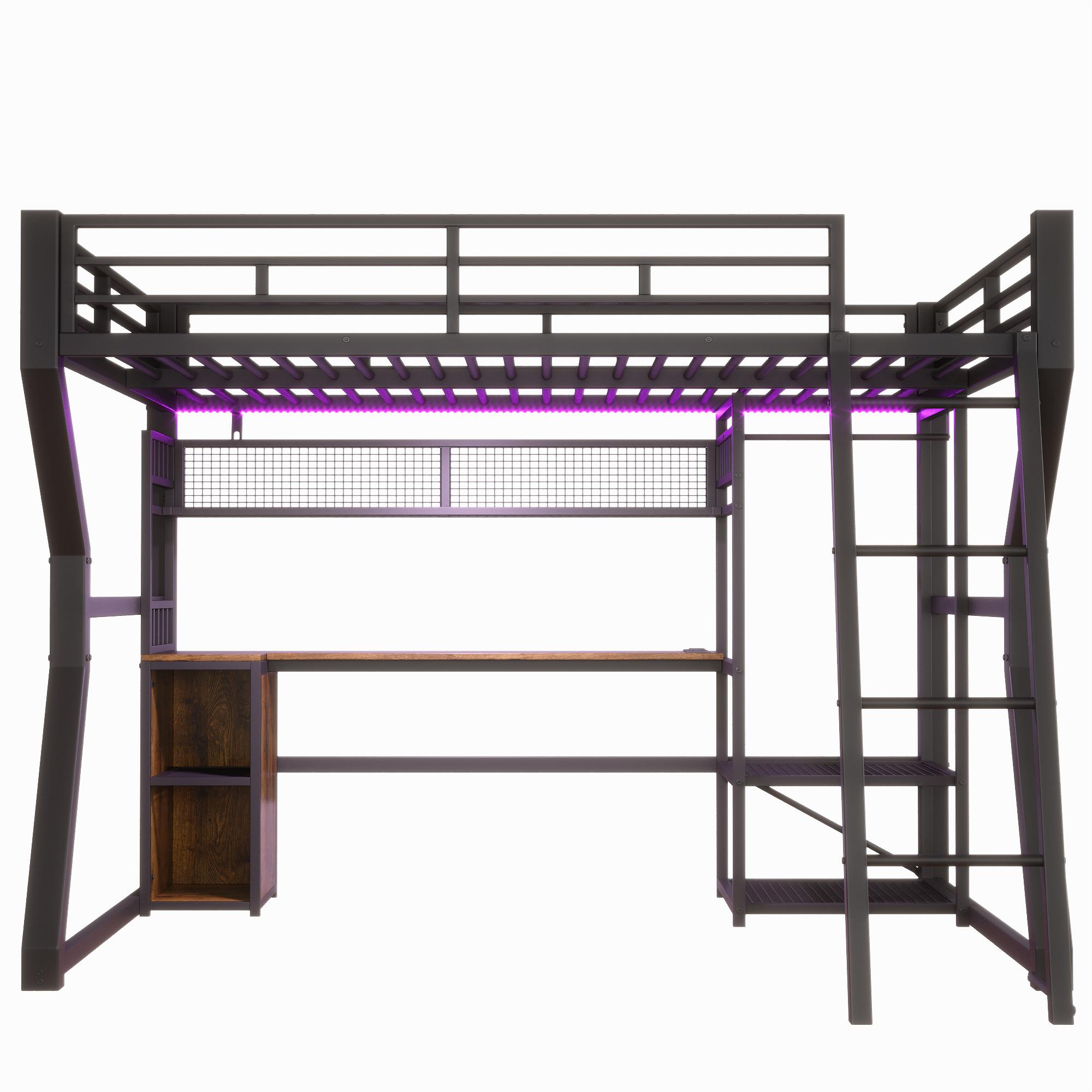 Hochbett 140x200 cm mit integriertem Schreibtisch, verstellbarer LED-Lichtleiste und integrierter Steckdose, 204x181,5x180 cm, Schwarz