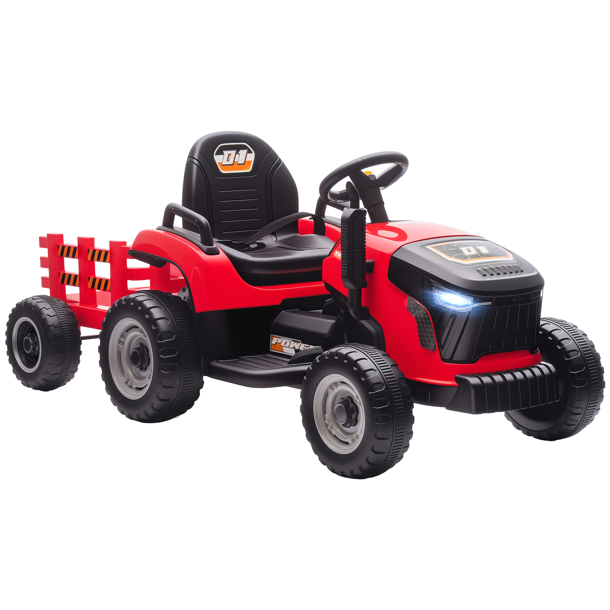AIYAPLAY Elektrischer Kinder Traktor mit Anhänger, Aufsitztraktor mit Fernbedienung, 2 Motor, 3-Gang Kinder Elektroauto mit Musik, Hupe, Startgeräusch, Sanft Start, 3-5km/h, für 3-8 Jahre, Rot Aosom