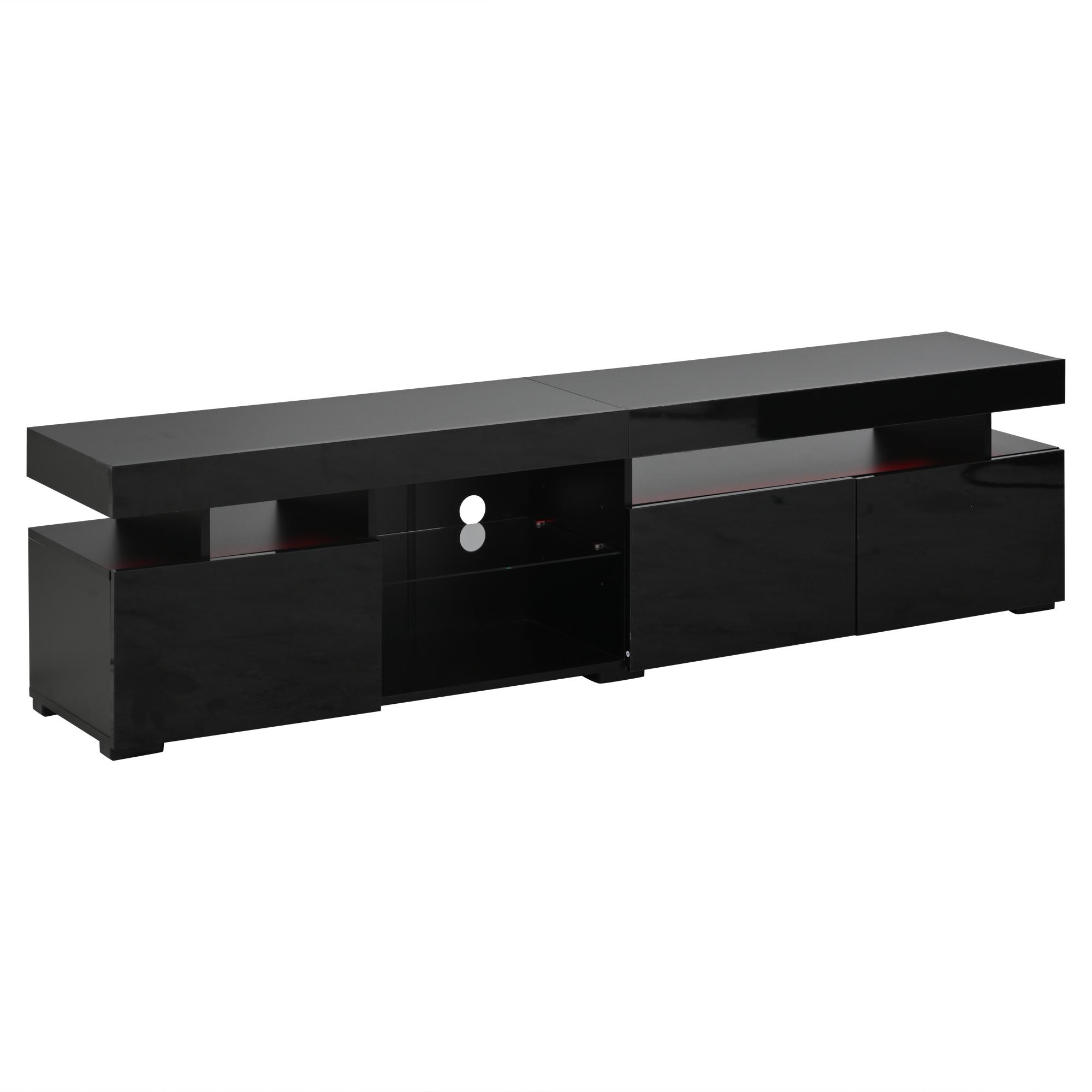 TV-Lowboard mit Hochglanz-Front, verstellbare Trennwand aus gehärtetem Glas, geeignet für Fernseher bis ca. 80 Zoll, 180x35x45 cm, Schwarz