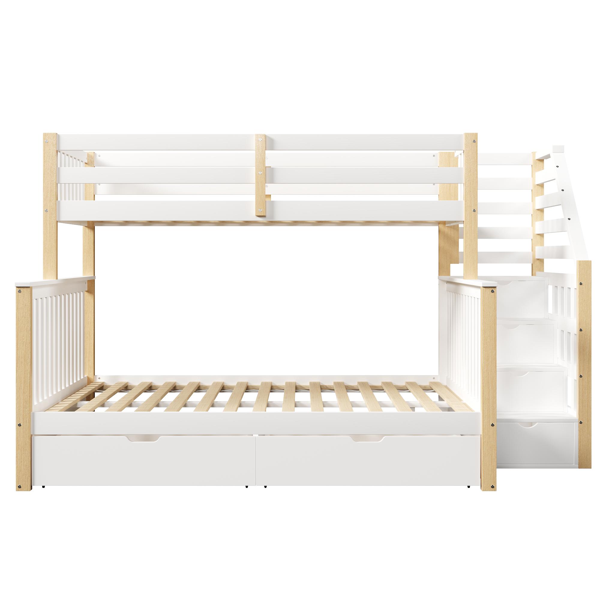 Etagenbett 90x200 über 140x200, erhöhtes Schutzgeländer und Leiter, ohne Matratze, 254x145x150 cm, Weiß+Naturfarbe