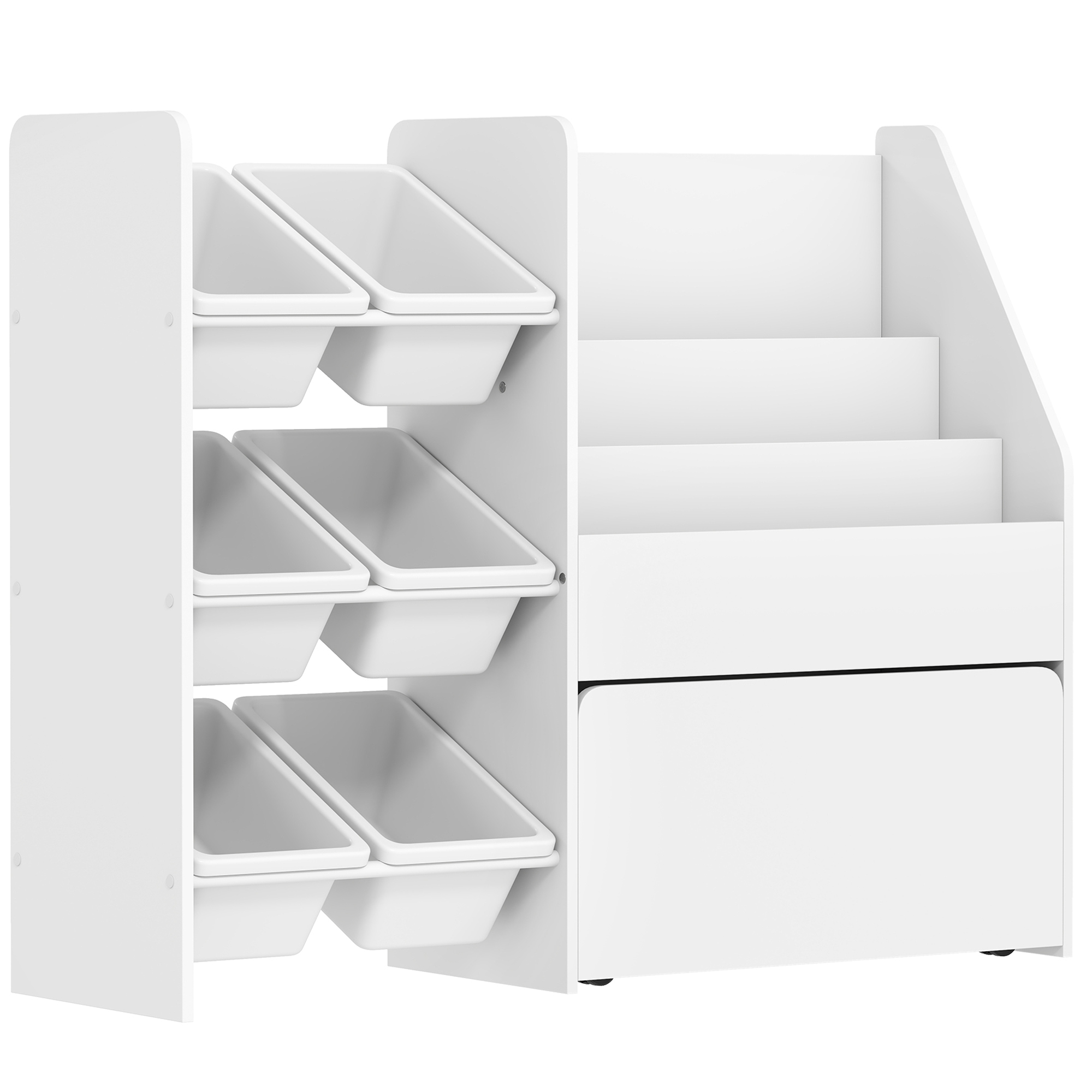 AIYAPLAY Kinderregal, Kinder-Bücherregal mit 6 herausnehmbaren Aufbewahrungsboxen, Bücherablagen, rollbarer Box, Spielzeugregal mit Rädern für Kinderzimmer, Spielzimmer, 100x30x80 cm, Weiß Aosom