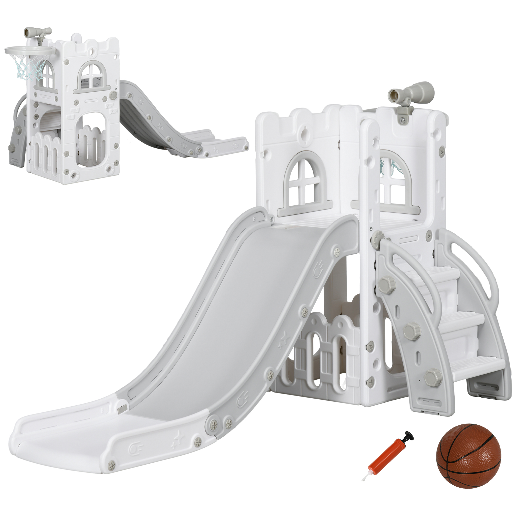 AIYAPLAY Kinderrutsche, 5 in 1, Kleinkinderrutsche mit Basketballkorb, Teleskop Klettergerüst, Aufbewahrungskorb Rutsche mit Basketball für Kinder 1-3 Jahre, Indoor, Grau 70 x 177 x 92 cm Aosom
