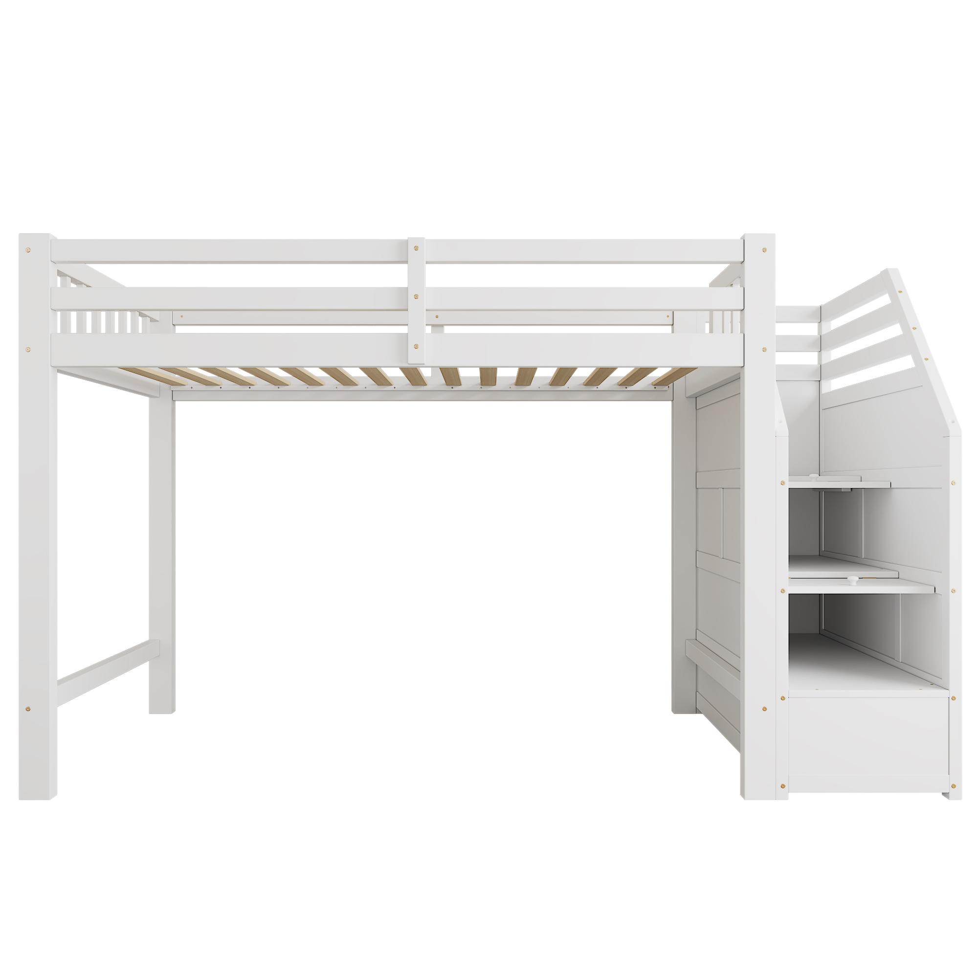 Hochbett 90x200cm mit Lattenrost, Rundum-Schutzgeländer mit integriertem Stauraum, ohne Matratze, 256x98,5x147 cm, Weiß