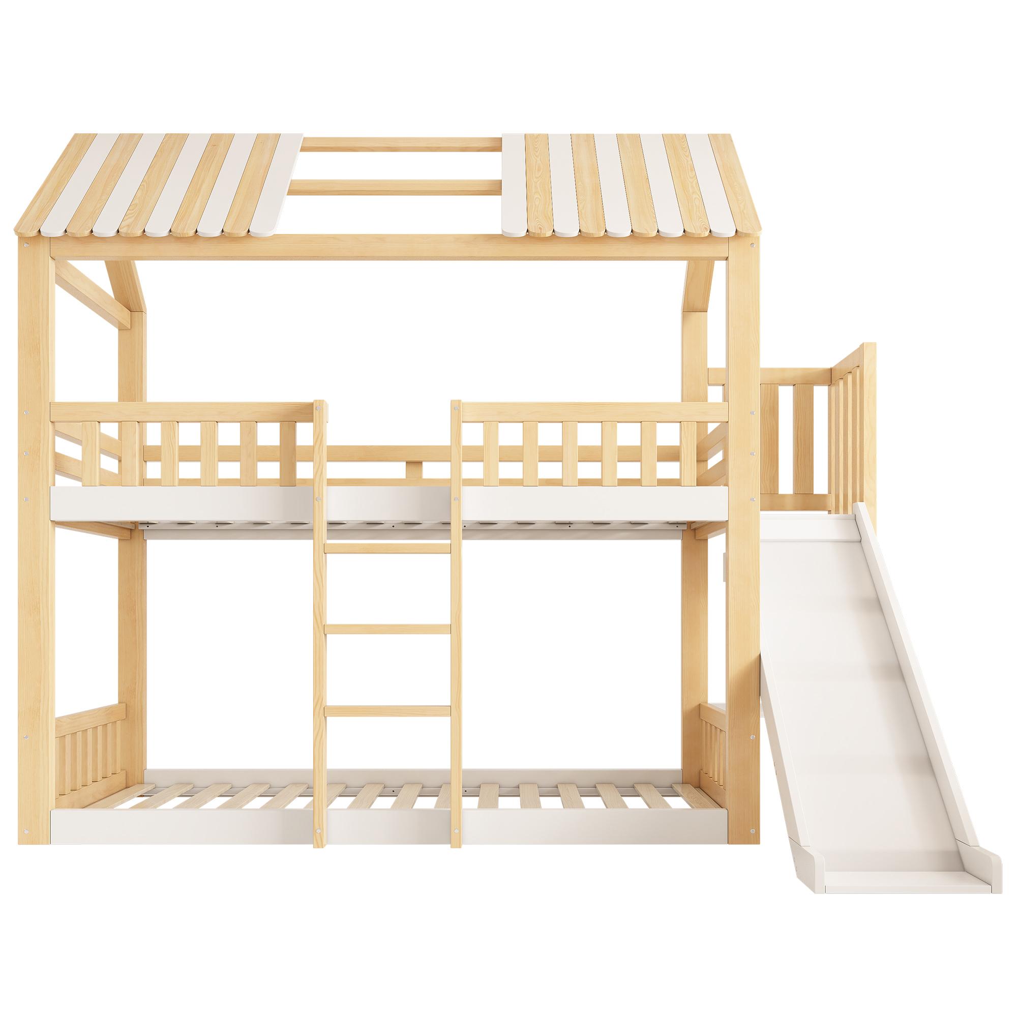 Etagenbett im Hüttenstil für Kinder mit Giebeldach, Geländer im Holzzaun‑Stil, Matratzen 90x200 cm, ohne Matratzen, 247x171x220 cm, Weiß