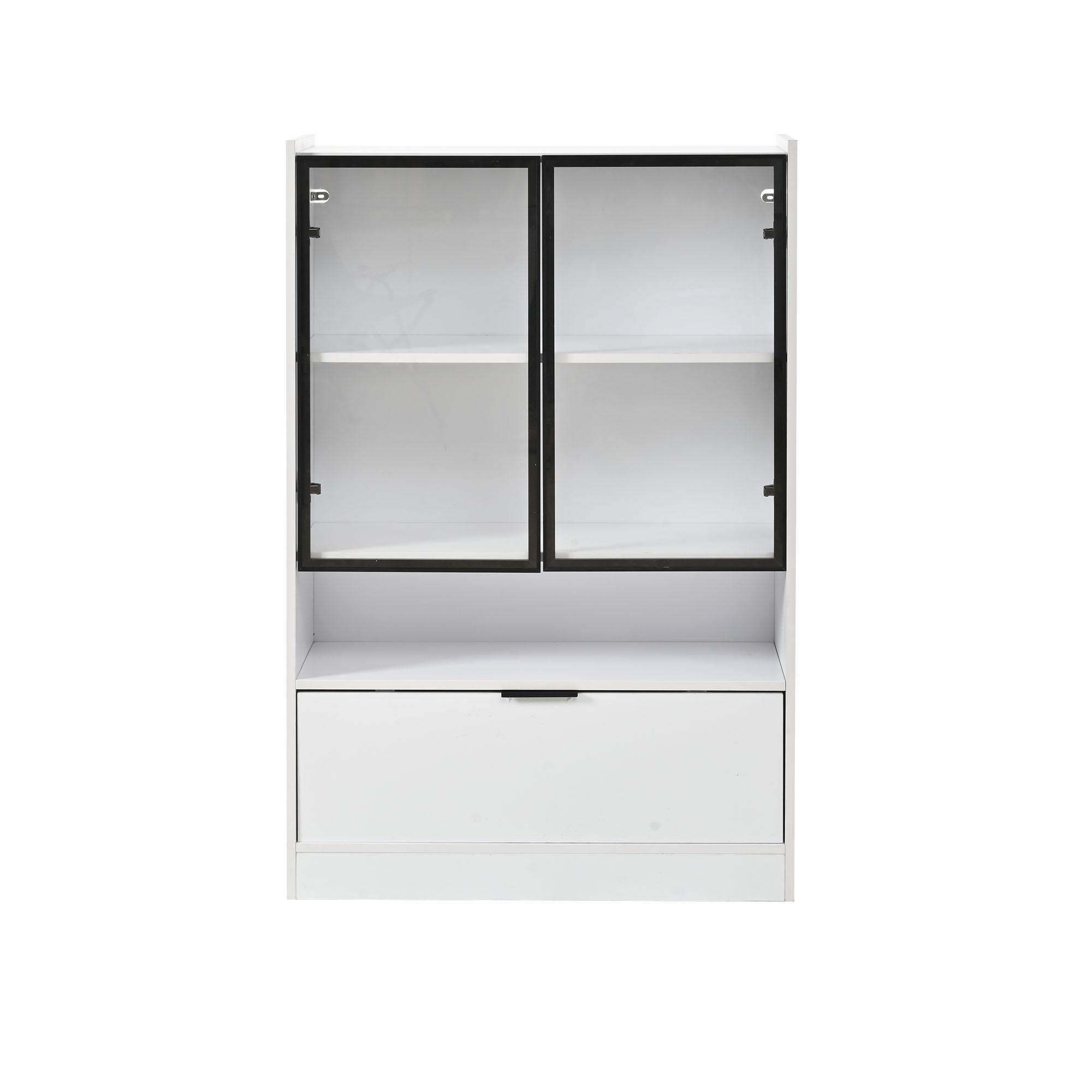 Moderne LED-Vitrine, RGB-LED-Beleuchtung, praktisches Klappfach und Einlegeböden, 80x35x120 cm, Weiß