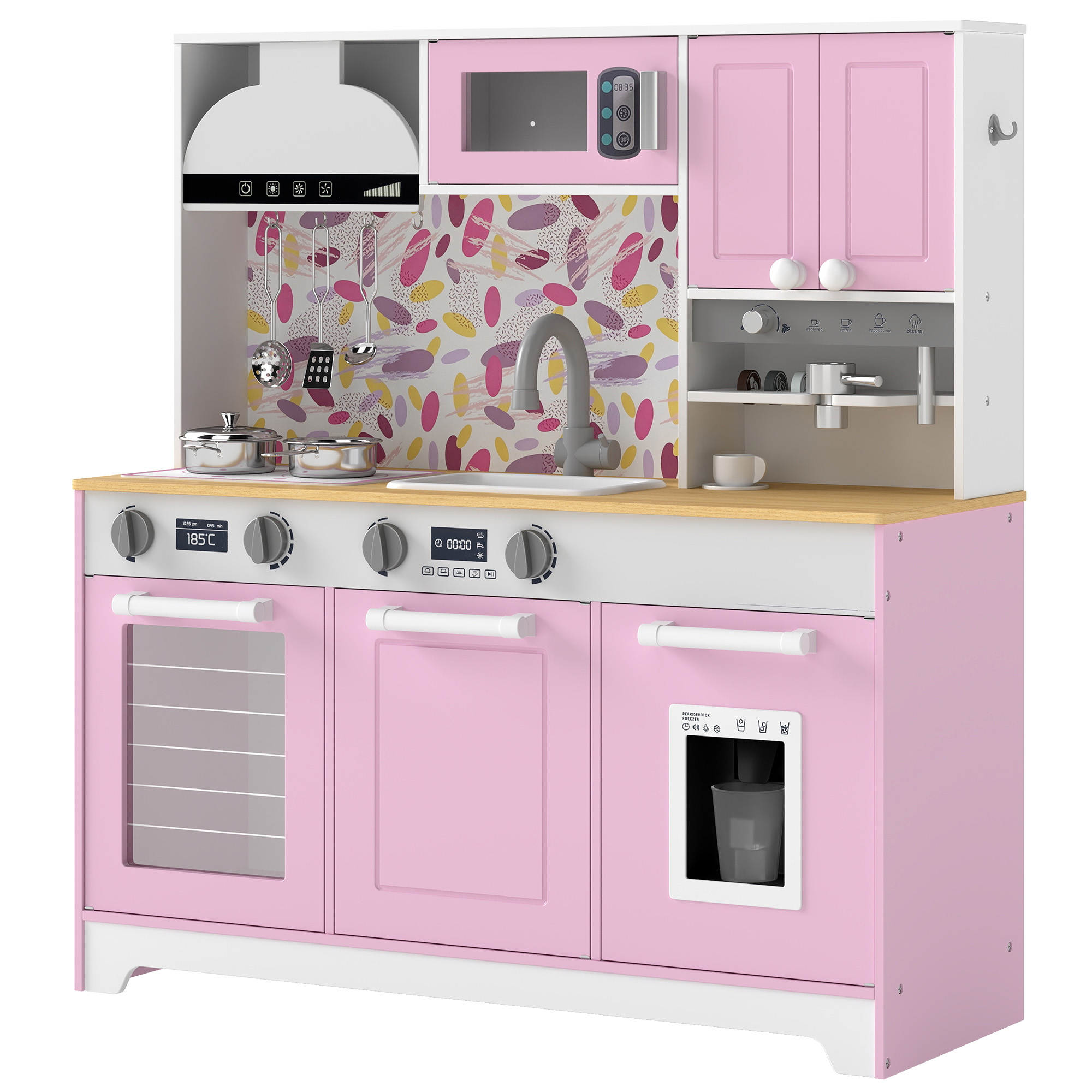 AIYAPLAY Holz-Spielküche für Kinder mit Kapselkaffeemaschine, Eismaschine, Edelstahl-Zubehör, Spüle, Herd, Mikrowelle, Backofen, Klick-Drehreglern für Kinder 3-8 Jahre Rosa   Aosom