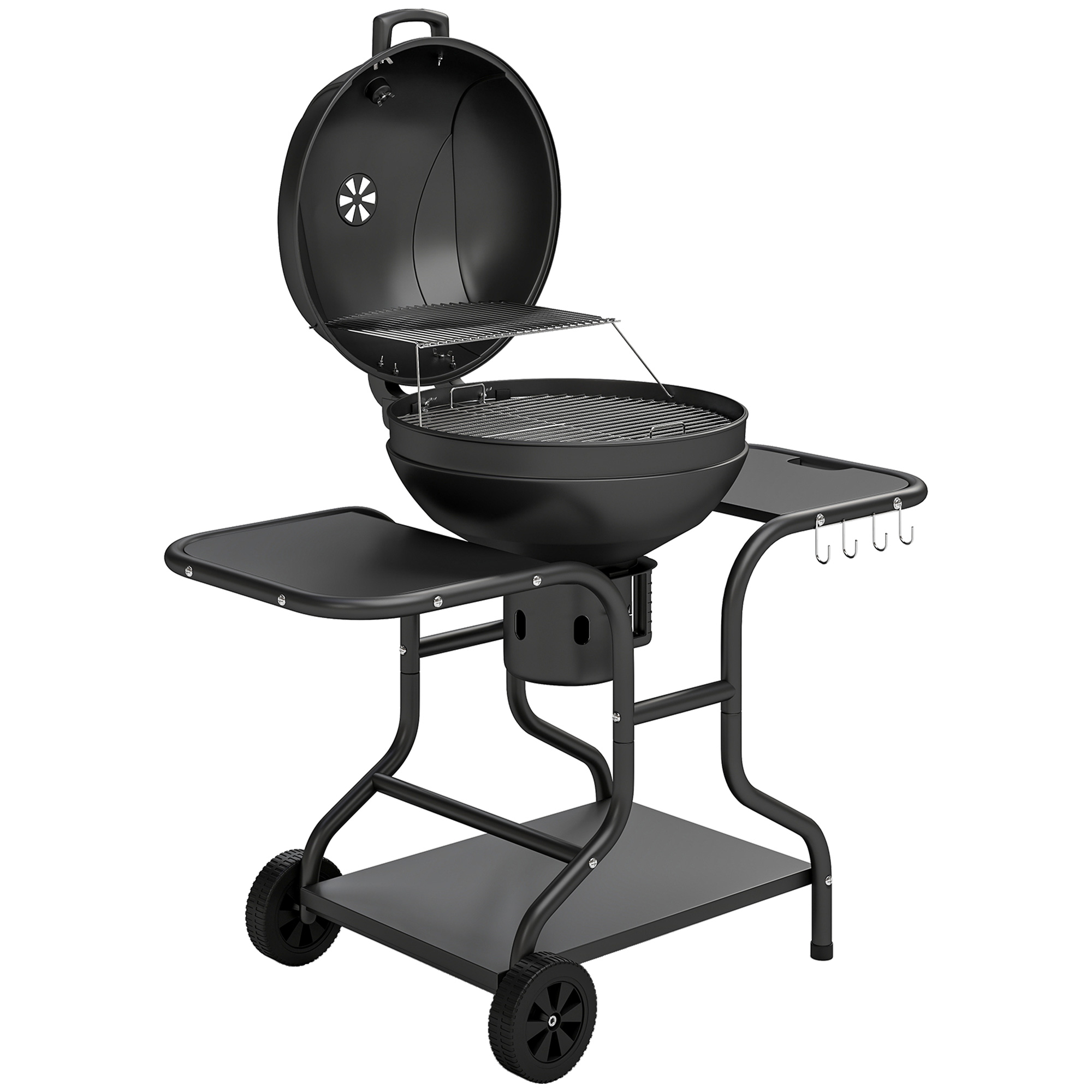 Outsunny Holzkohlegrill BBQ Smoker mit Seitentischen Deckel Thermometer Räder Kohlewanne Grillwagen Kugelgrill, Kohlegrill für Barbeque Camping, Terrasse, Garten 129 x 63,5 x 106,5 cm Aosom