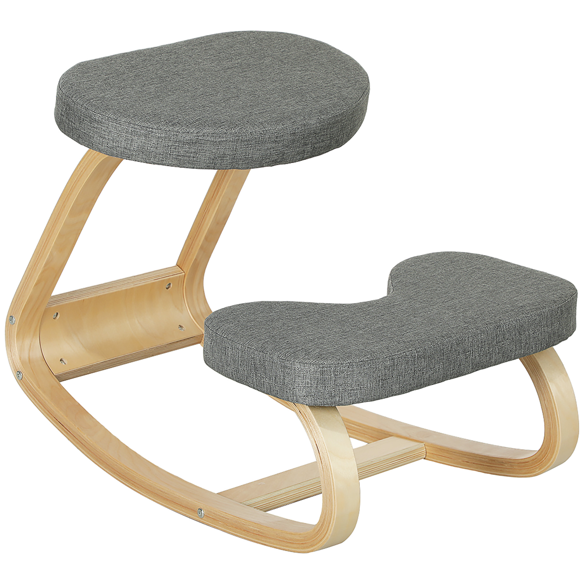 HOMCOM Kniestuhl, Ergonomischer Kniehocker mit Leinenoptik, Basis aus Birkenholz Bürostuhl, Sitzhocker zur Verbesserung der Nackenschmerzen für Zuhause, Büro, Meditation Grau Aosom
