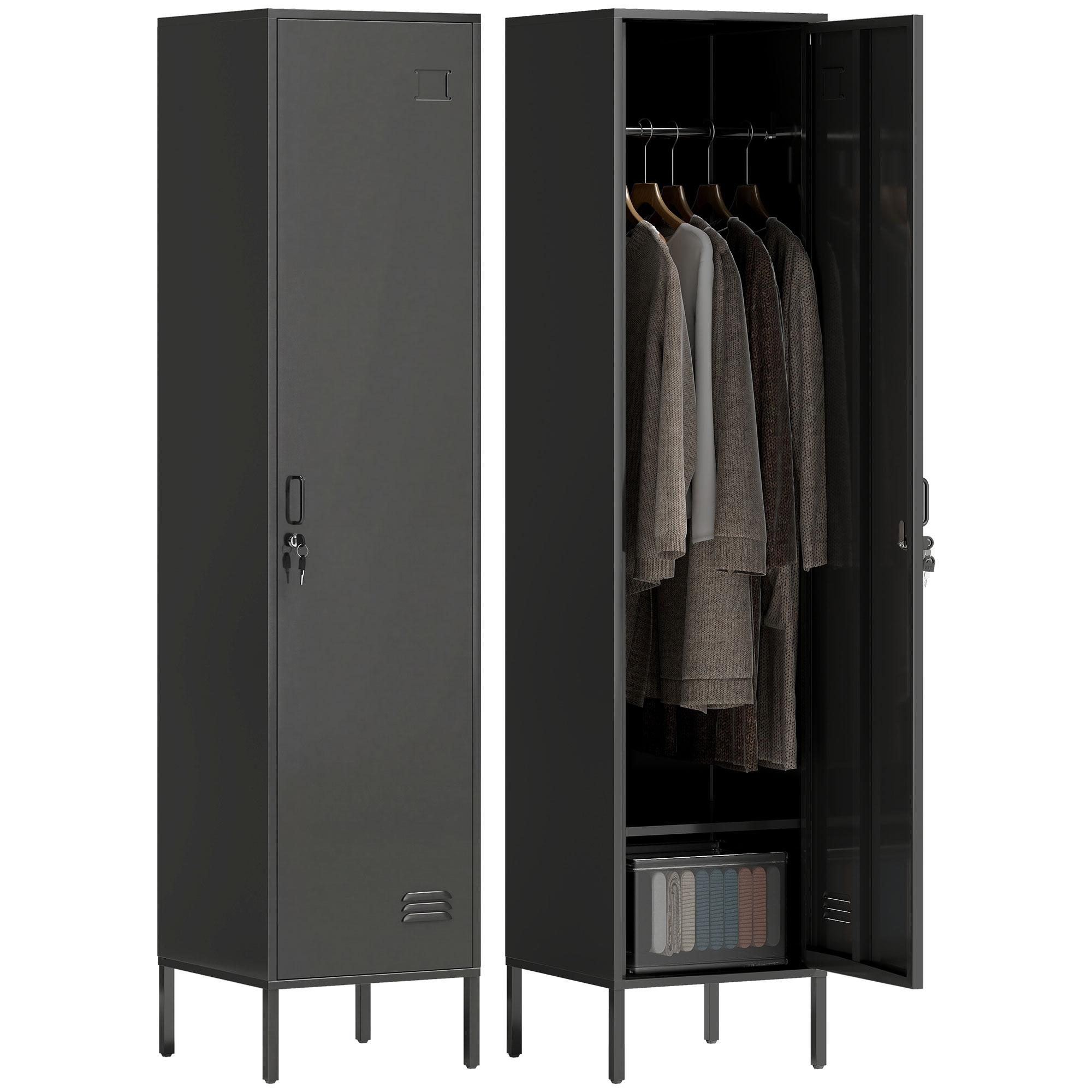 HOMCOM Stahl Spind Schrank Stahlschrank Abschließbar Schließfachschrank mit Kleiderstange, Namensschildhalter, Lüftungsschlitze und Ablage Aufbewahrungsschrank 40x40x179cm Schwarz   Aosom