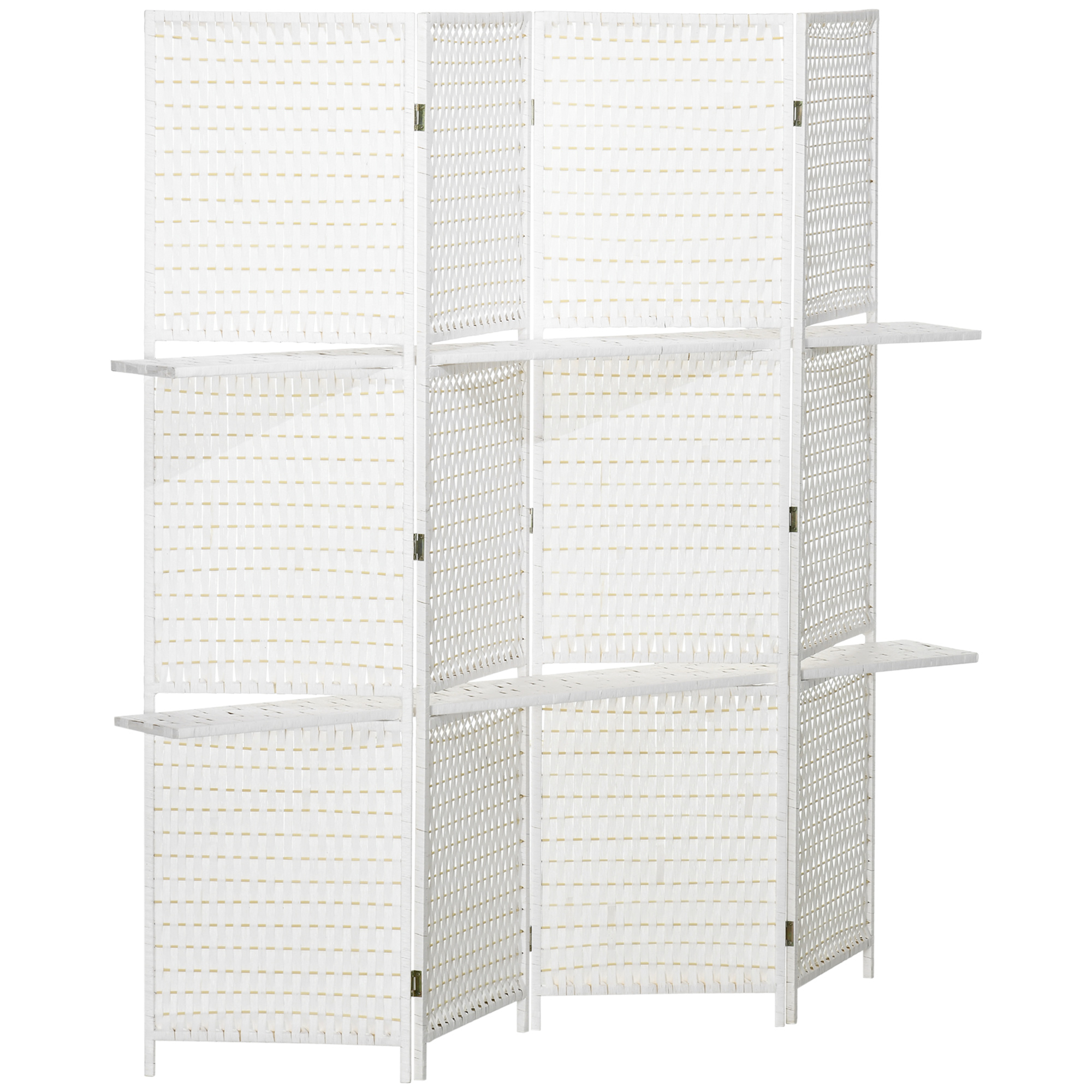HOMCOM Paravent 4-teilig 181 x 180 cm Raumteiler Faltbar Trennwand Sichtschutz aus Kiefernholz, Bambus mit 2 Regalen, Freistehend Raumtrenner für Schlafzimmer, Wohnzimmer, Büro, Weiß   Aosom