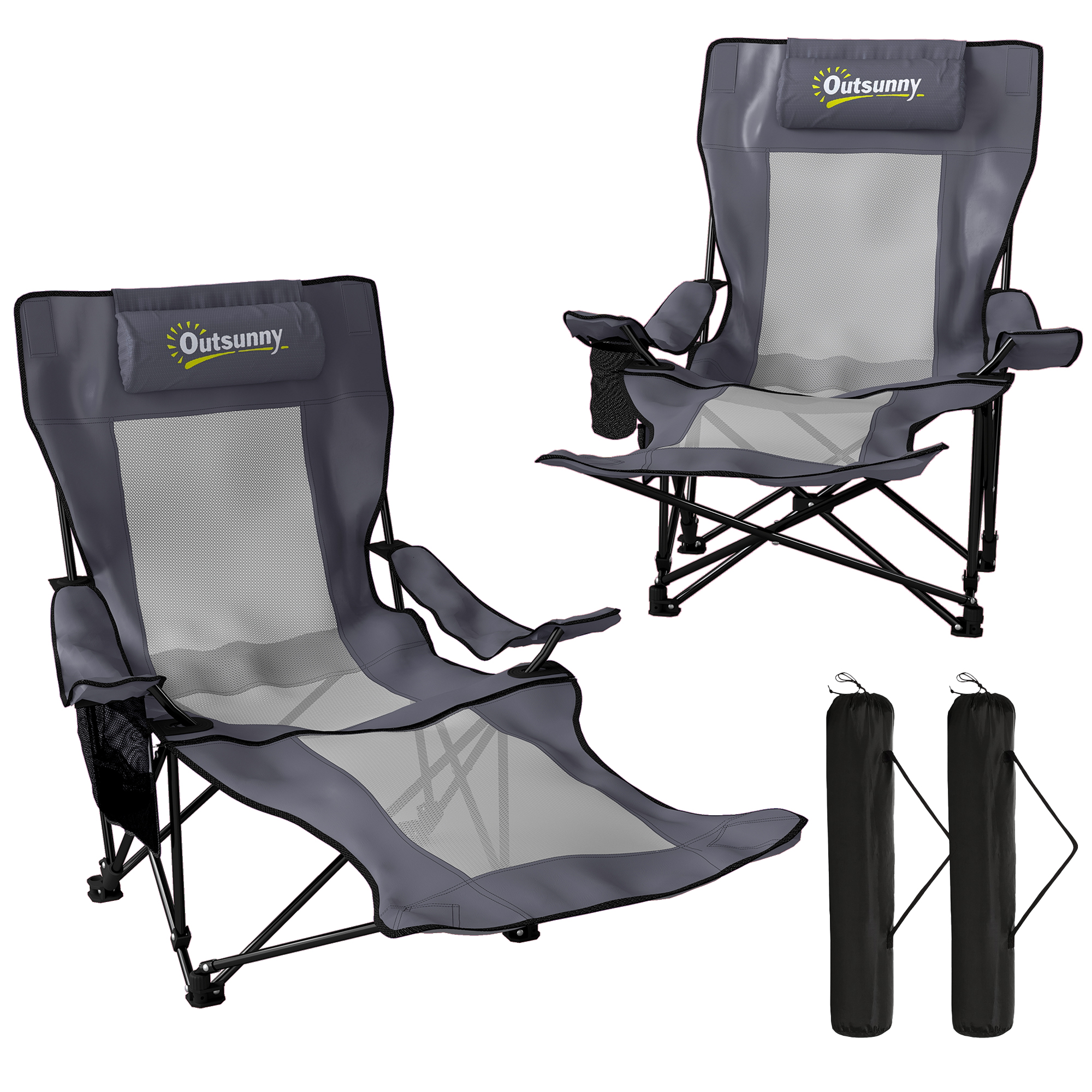 Outsunny 2er Set Campingstuhl faltbar Angelstuhl mit verstellbarer Rückenlehne Fußablage Getränkehalter Kopfstütze Gartenstuhl bis 120 kg Liegestuhl für Erwachsene Klappstuhl Strandstuhl Campingstühle Aosom