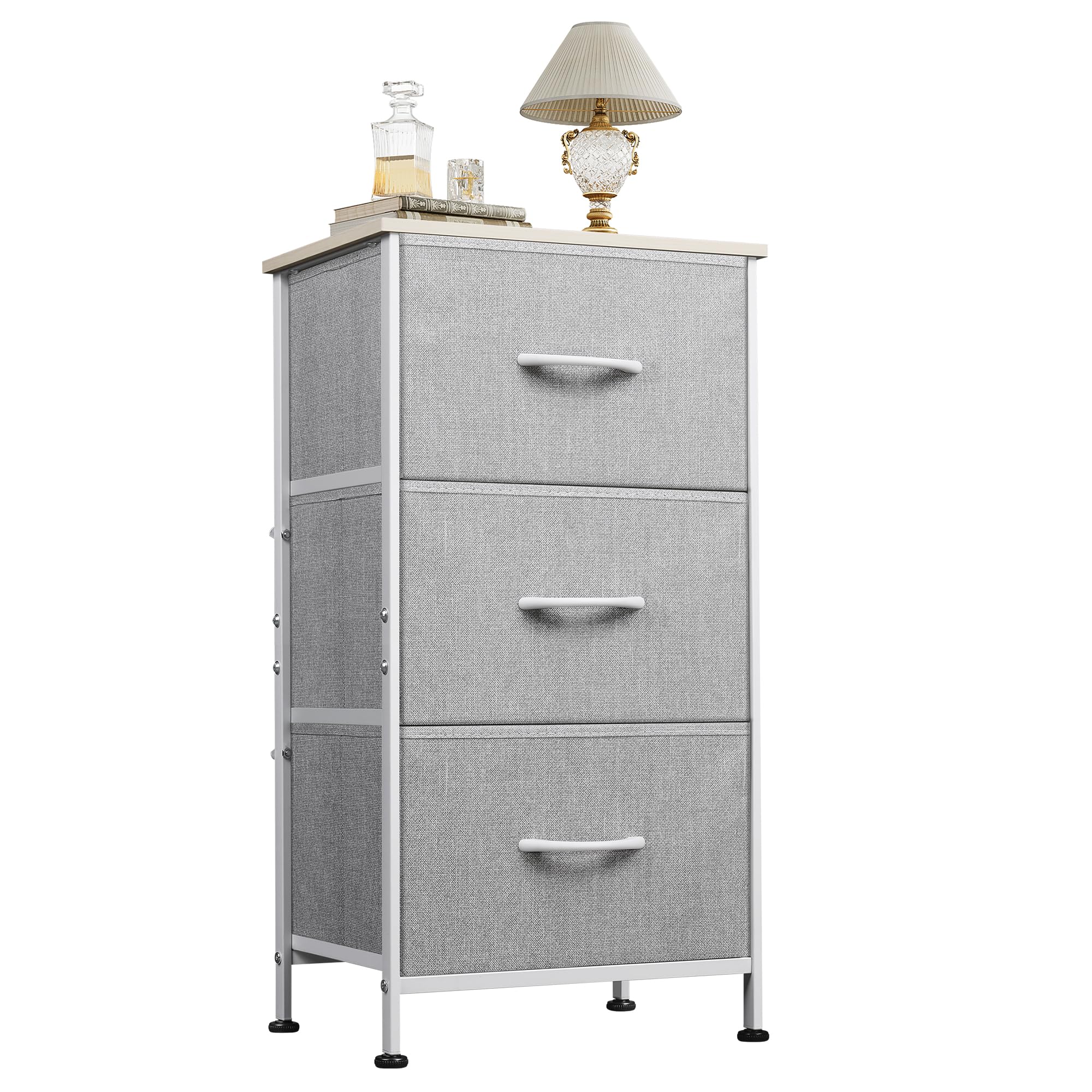 WLIVE Kommode mit 3 Schubladen aus Stoff, Kommodenschrank für Schlafzimmer, Kommode Wohnzimmer, mit Stabiler Stahlrahmen, Holzplatte, Hellgrau