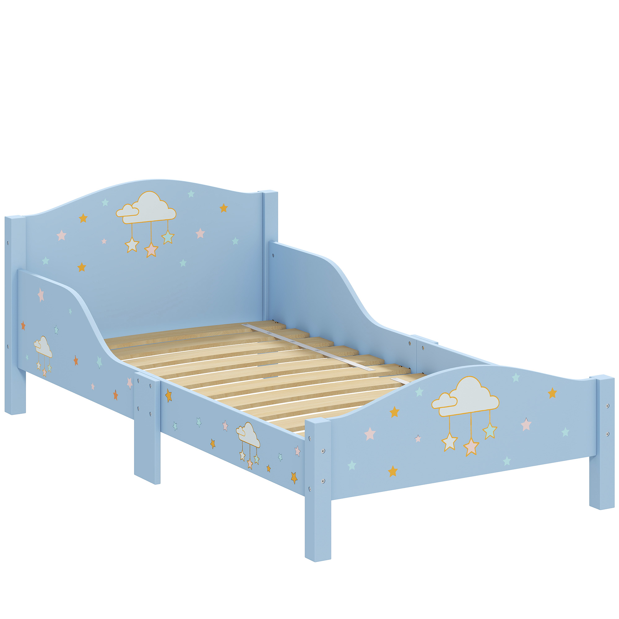 AIYAPLAY Montessori-Kinderbett 3-6 Jahre, 146x76.5 cm Einzelbett mit Absturzsichernden Seiten und Lattenrost, Wolken- und Sternform aus Holz für Kinderzimmer, Blu Aosom