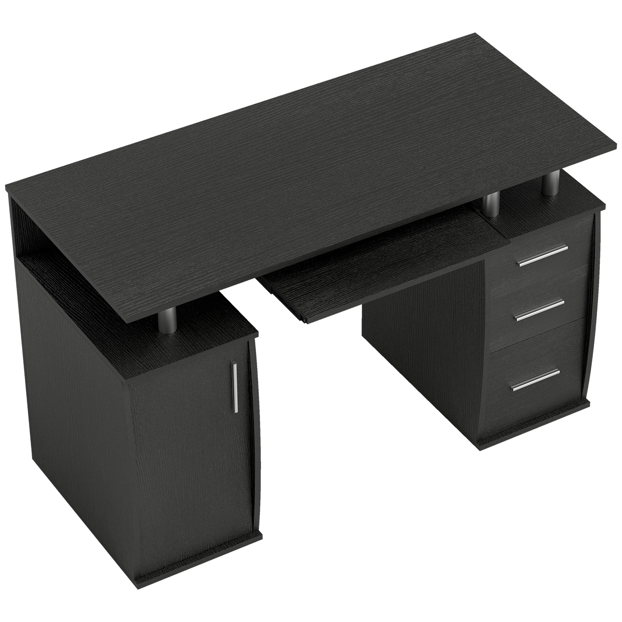 HOMCOM Computerschreibtisch, Computertisch 120 x 55 cm mit Tastaturauszug, 3 Schubladen, Fach für PC-Gehäuse und offene Regalfächer, für Schlafzimmer, Zuhause, schwarz   Aosom