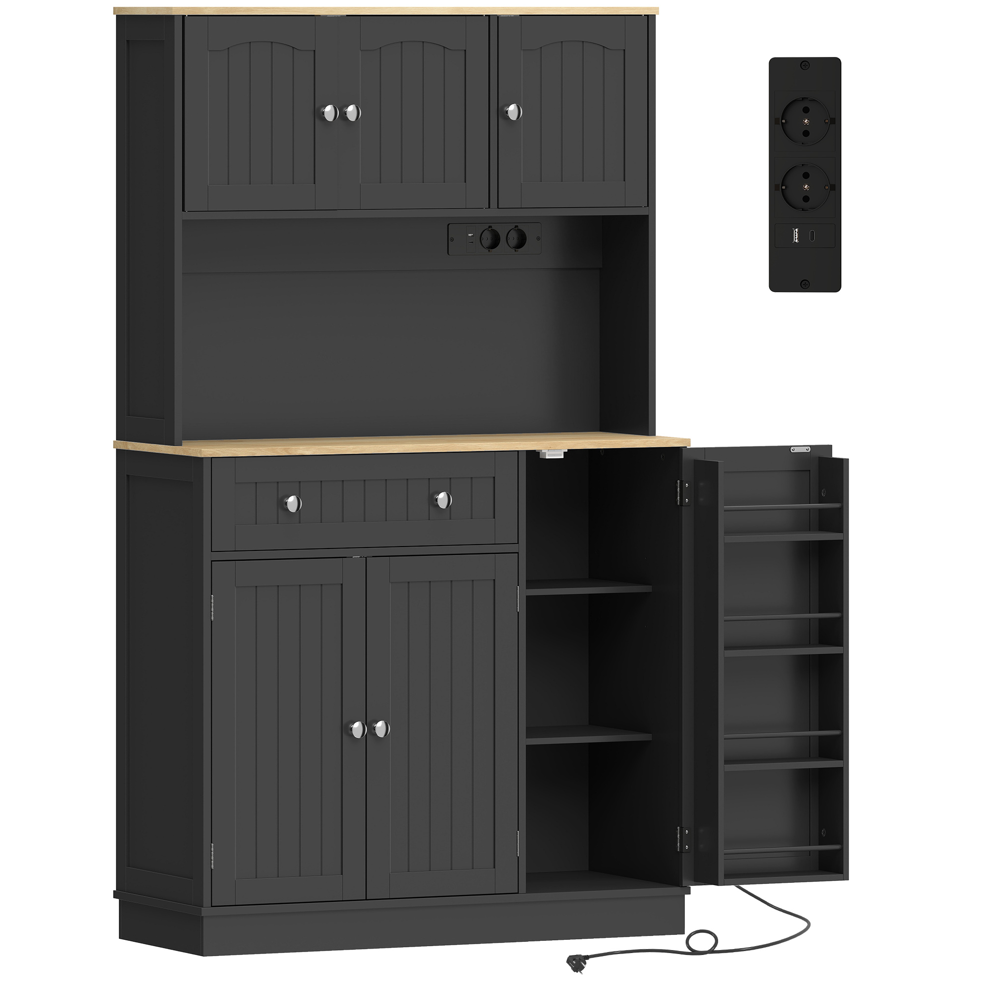 HOMCOM Hoher Küchenschrank mit Steckdosen und USB-Ports, Küchenschrank, 6 Türen, Arbeitsfläche, Gewürzhalter, Verstellbare Regale, Aufbewahrungsschrank für Wohnzimmer/Esszimmer, 100x40x173cm, Schwarz Aosom