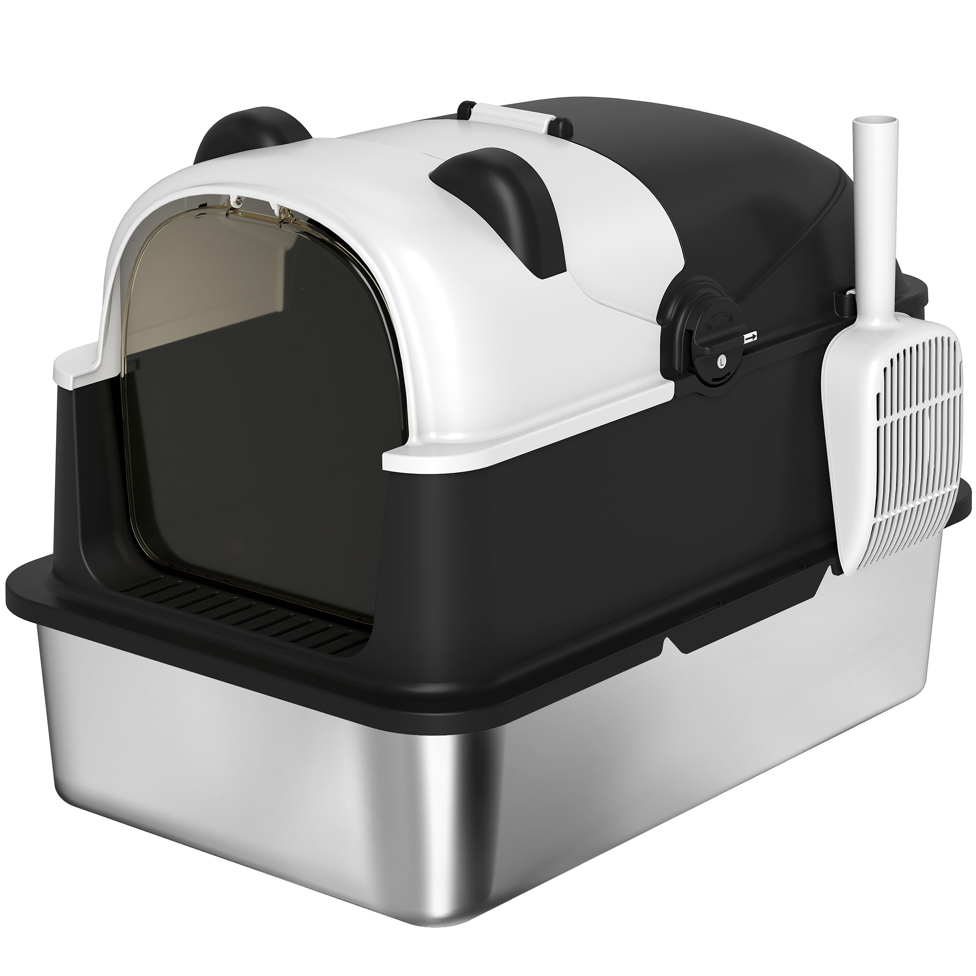 PawHut Katzentoilette Überdacht XL aus Edelstahl, Katzenstreu-Box für große Katzen mit Klappdeckel, Schaufel, Geruchsbeutel, Panda-Design, Leicht zu reinigen, Auslaufsicher, Geruchsneutral, Schwarz Aosom