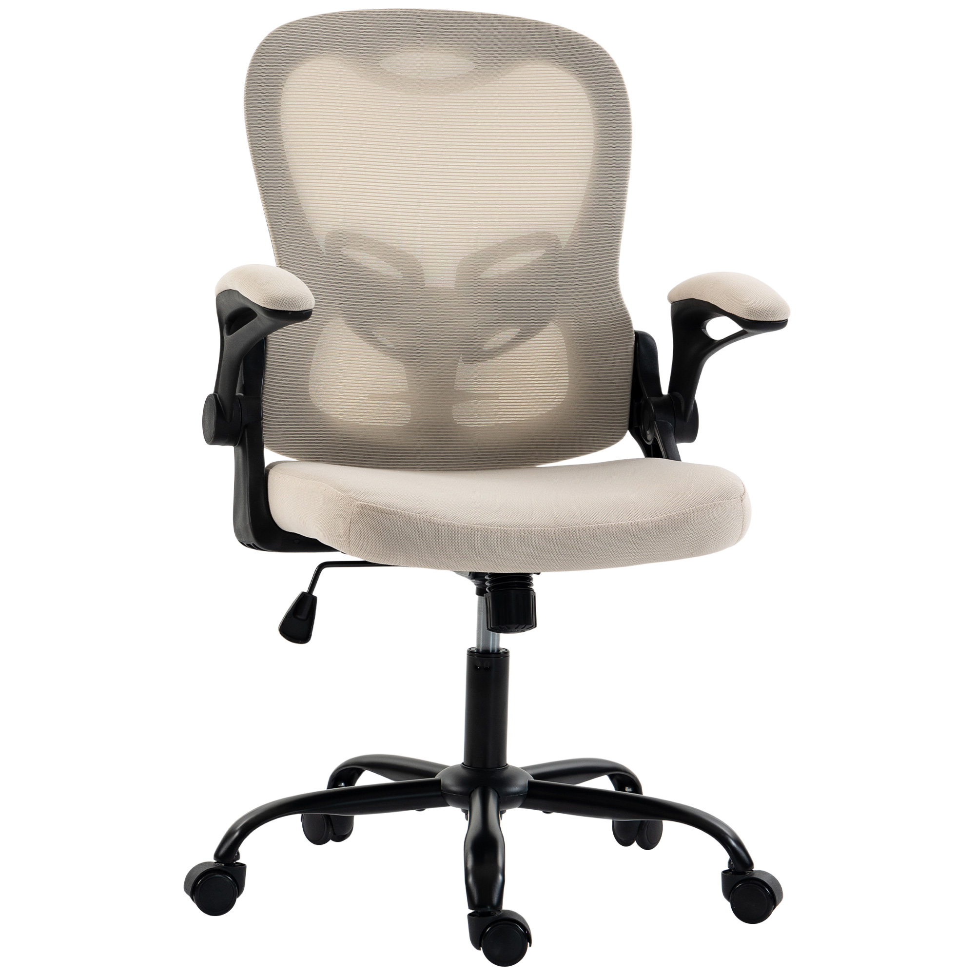 HOMCOM Ergonomischer Bürostuhl mit hochklappbaren Armlehnen, Mesh-Bürostuhl mit höhenverstellbarem Sitz, halbhohe Rückenlehne, Wippfunktion, 360° drehbar, Beige Aosom