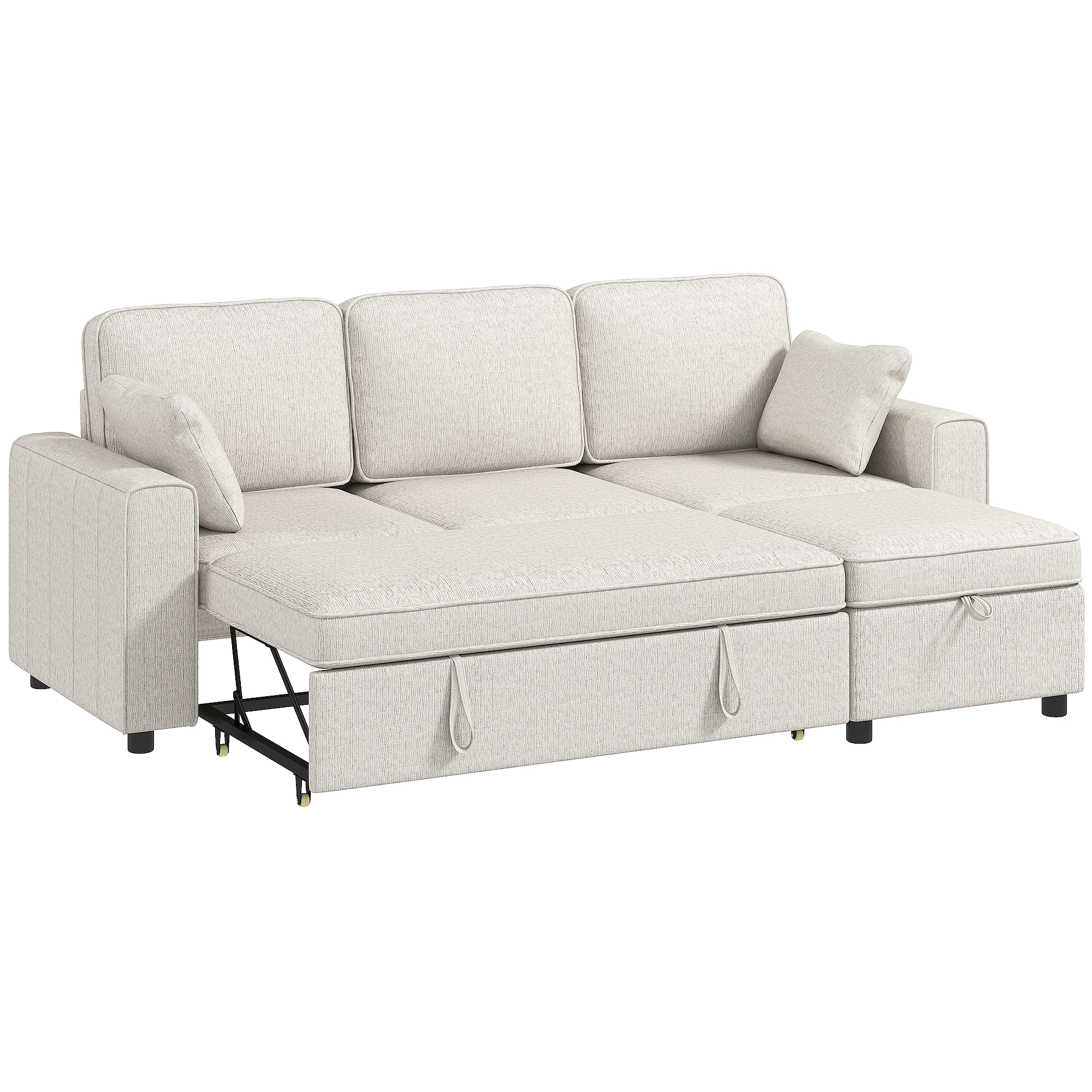 HOMCOM Eck-Schlafsofa aus Chenille, Modulares 3‑Sitzer-Schlafsofa 225 cm mit Aufbewahrungs-Pouf, Große Sitzfläche, Kissen inklusive, Taschenfederkern, für Wohnzimmer, Büro, Apartment, Beige Aosom