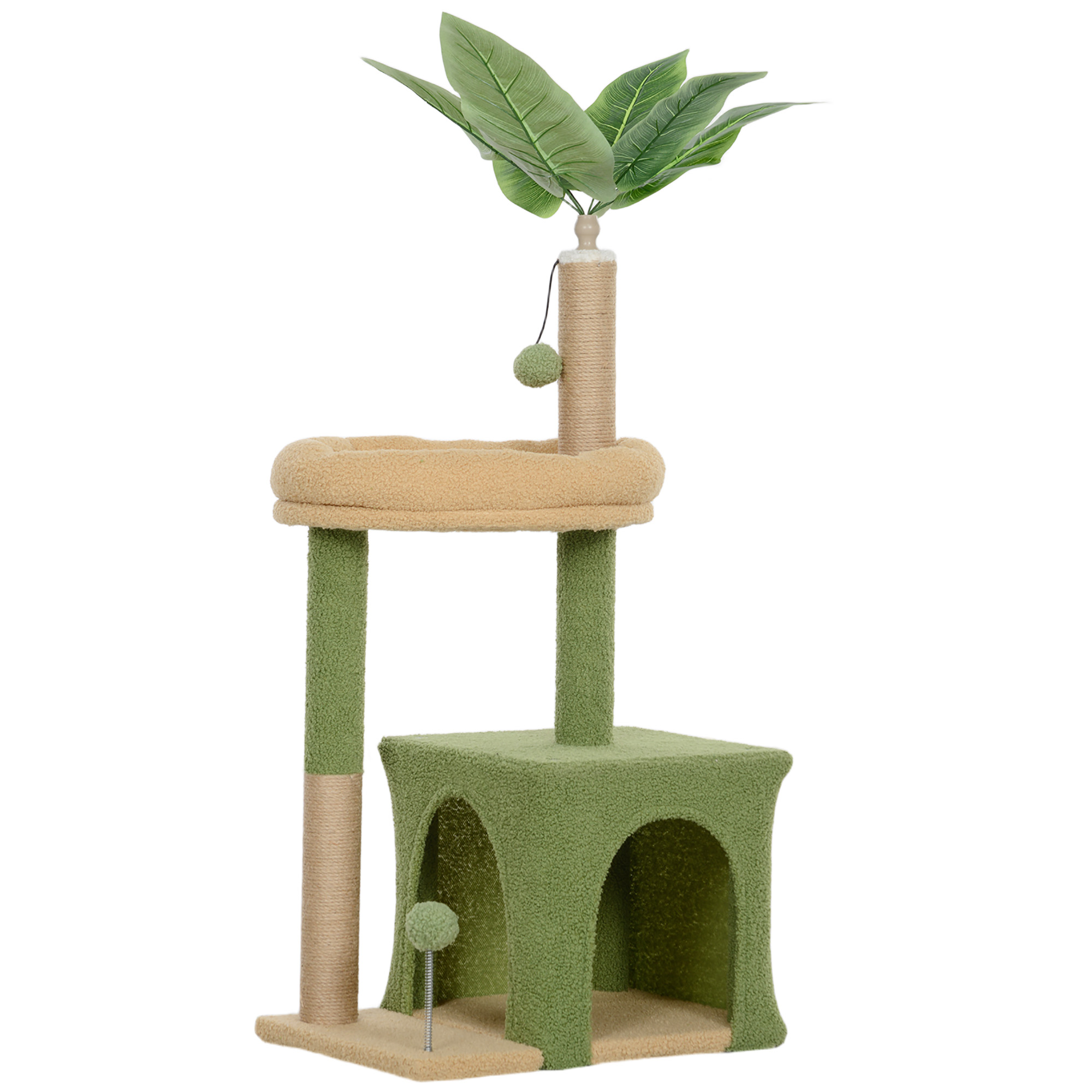 PawHut Kratzbaum 98 cm hoch Katzenbaum mit Höhle, Katzenbett Blätter-Design, Jutestämme, 2 Spielbälle, Katzenkratzbaum, Kletterbaum, Plüsch, für Katzen unter 5 kg, Braun+Grün Aosom