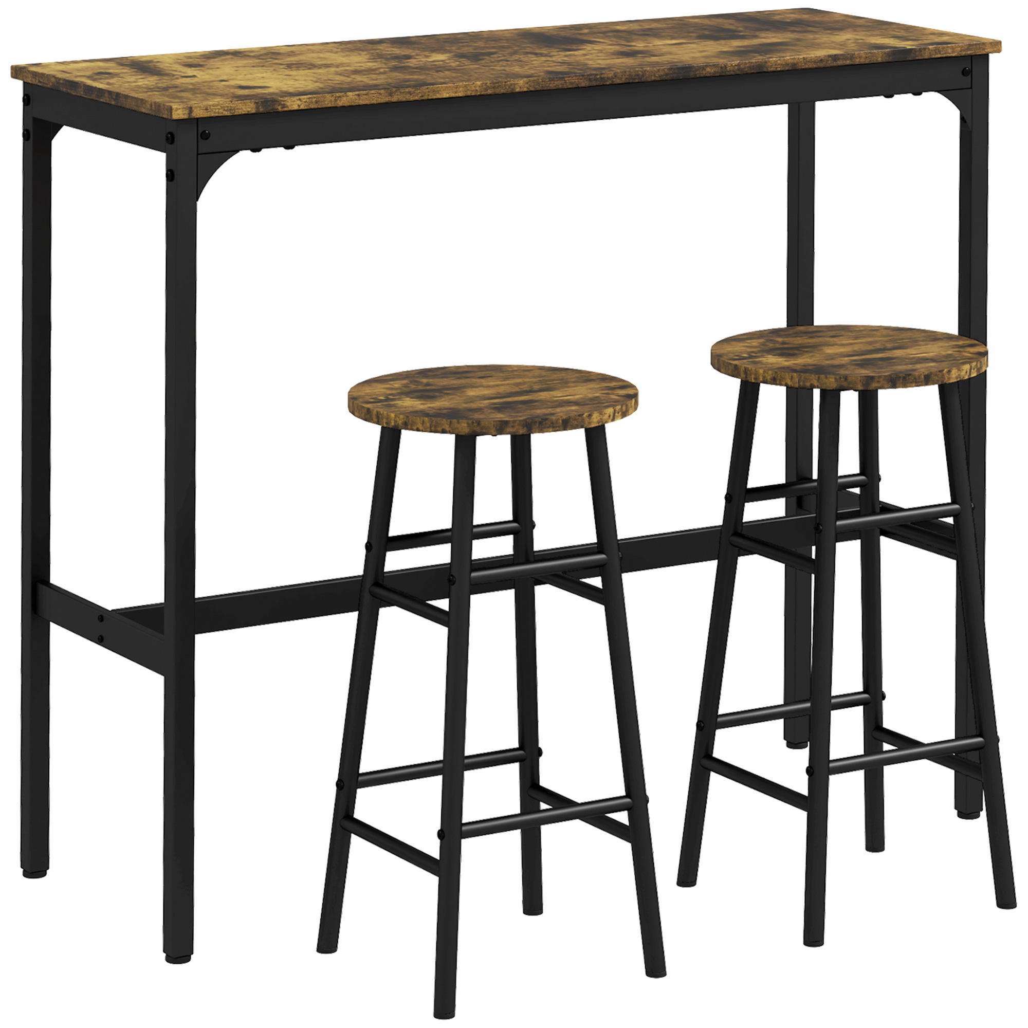 HOMCOM Bartisch-Set, 3tlg. Bartisch mit Barhocker Set, Essgruppe im Industriedesign, Küchentisch mit 2 Barhocker, für Esszimmer, Küche, Stahl, Rustikal-Braun Aosom
