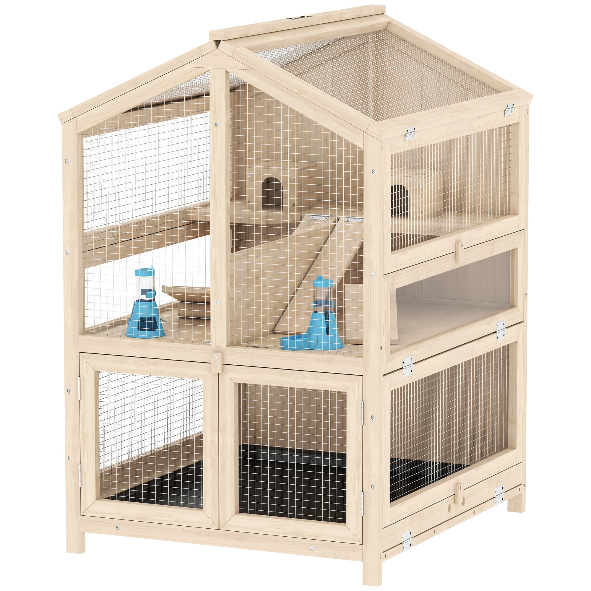 PawHut Hamsterkäfig aus Holz 3 Etagen 68 x 61,5 x 90 cm Nagerkäfig Kleintierkäfig mit Hütten Wippen Rampen Wasserschalen Mäusekäfig für Kleintiere Naturholz Aosom