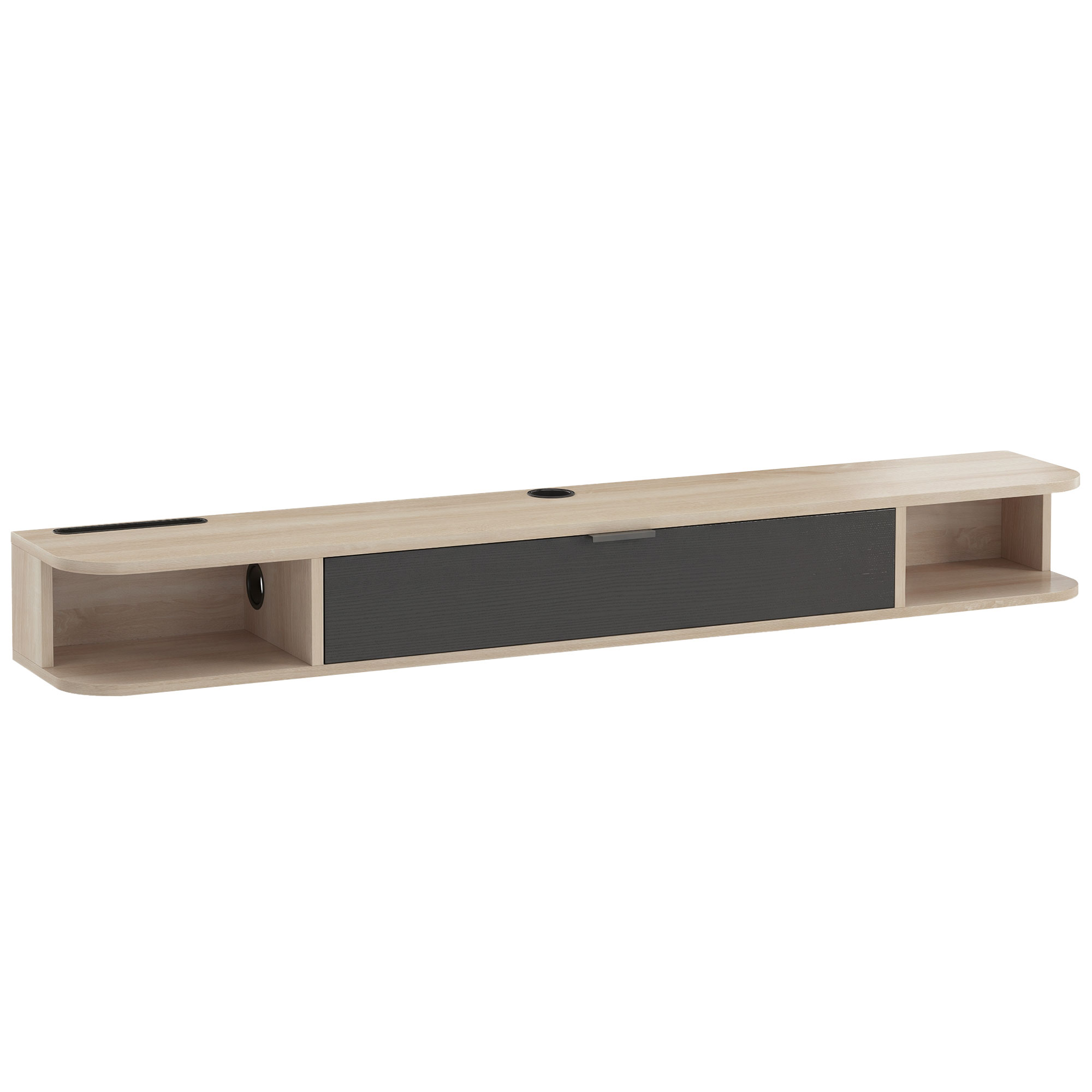 HOMCOM Wand-TV-Möbel 140 cm, TV-Möbel für Fernseher bis zu 152,4 cm (60 Zoll), Klappschublade, 2 offene Fächer und Kabeldurchführung, wandmontierte TV-Bank für Wohnzimmer, Naturholz und Schwarz Aosom