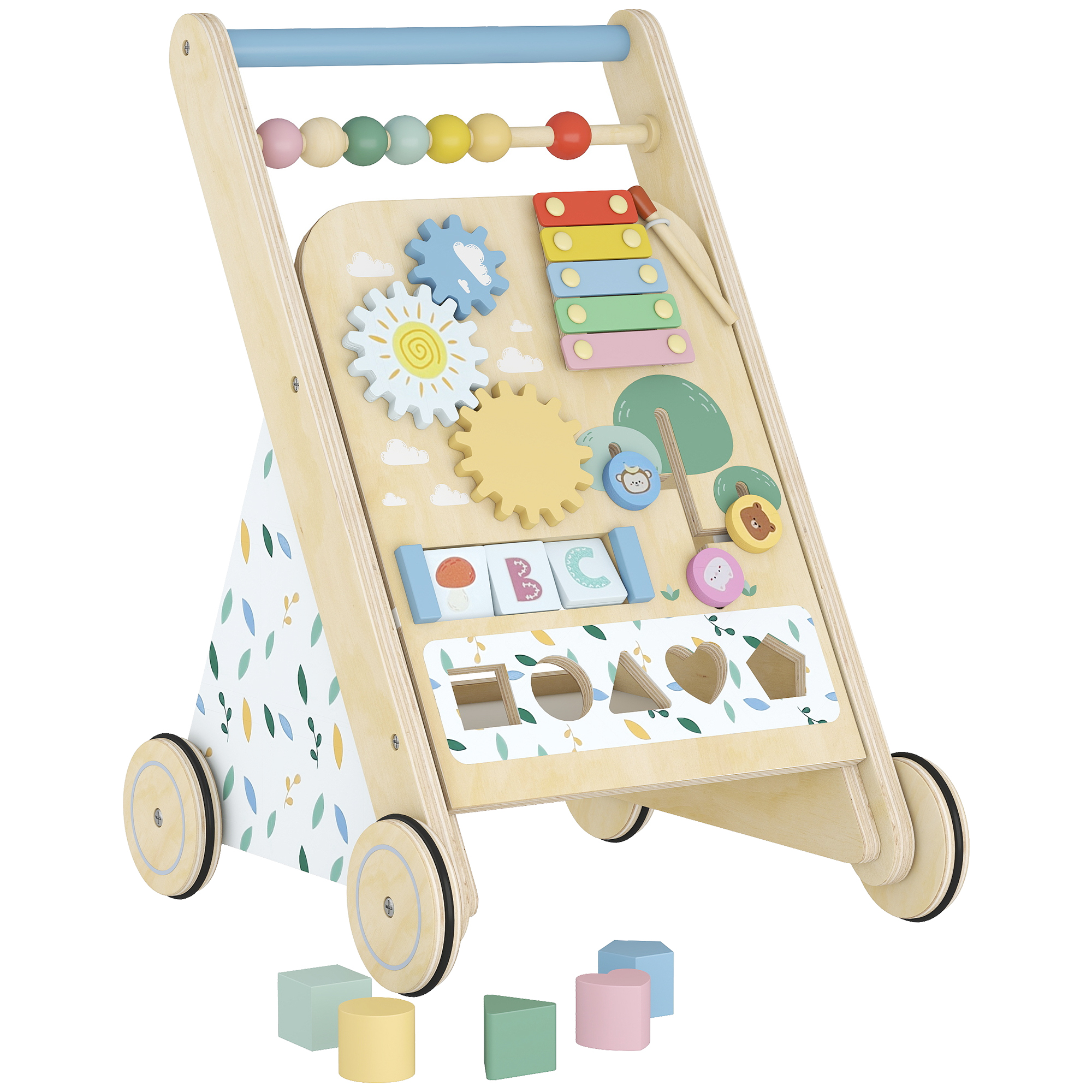 AIYAPLAY Baby Lauflernwagen Holz Lauflernhilfe mit Rädern regulierbarer Geschwindigkeit Bauklötze Montessori Aktivitätszentrum Baby Walker Gehhilfe Spielzeug Geschenk für Kleinekinder ab 18 Monaten Aosom