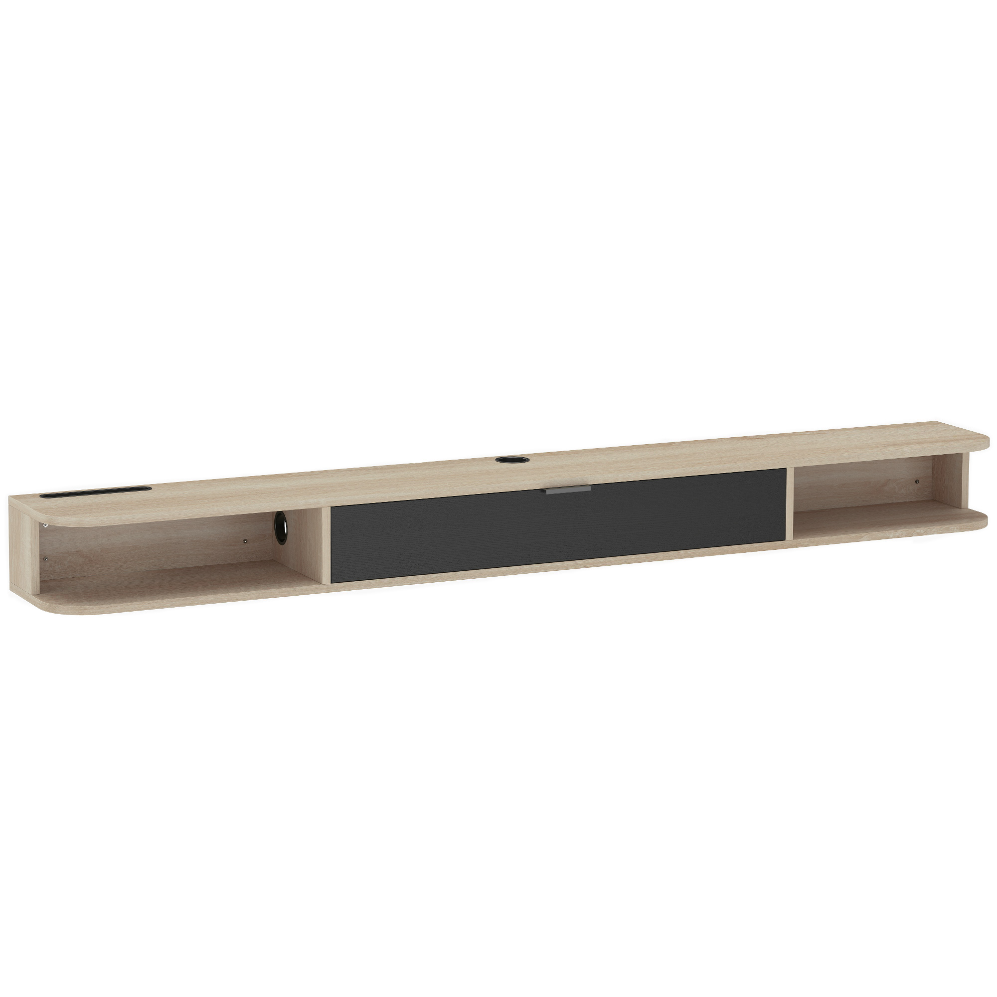 HOMCOM Wandhängendes TV‑Möbel 180 cm, TV‑Möbel für Fernseher bis zu 190,5 cm, Klappschublade, 2 offene Regalfächer und Kabeldurchführung, wandmontierte TV‑Bank fürs Wohnzimmer, natürliche Holzoptik und Schwarz Aosom