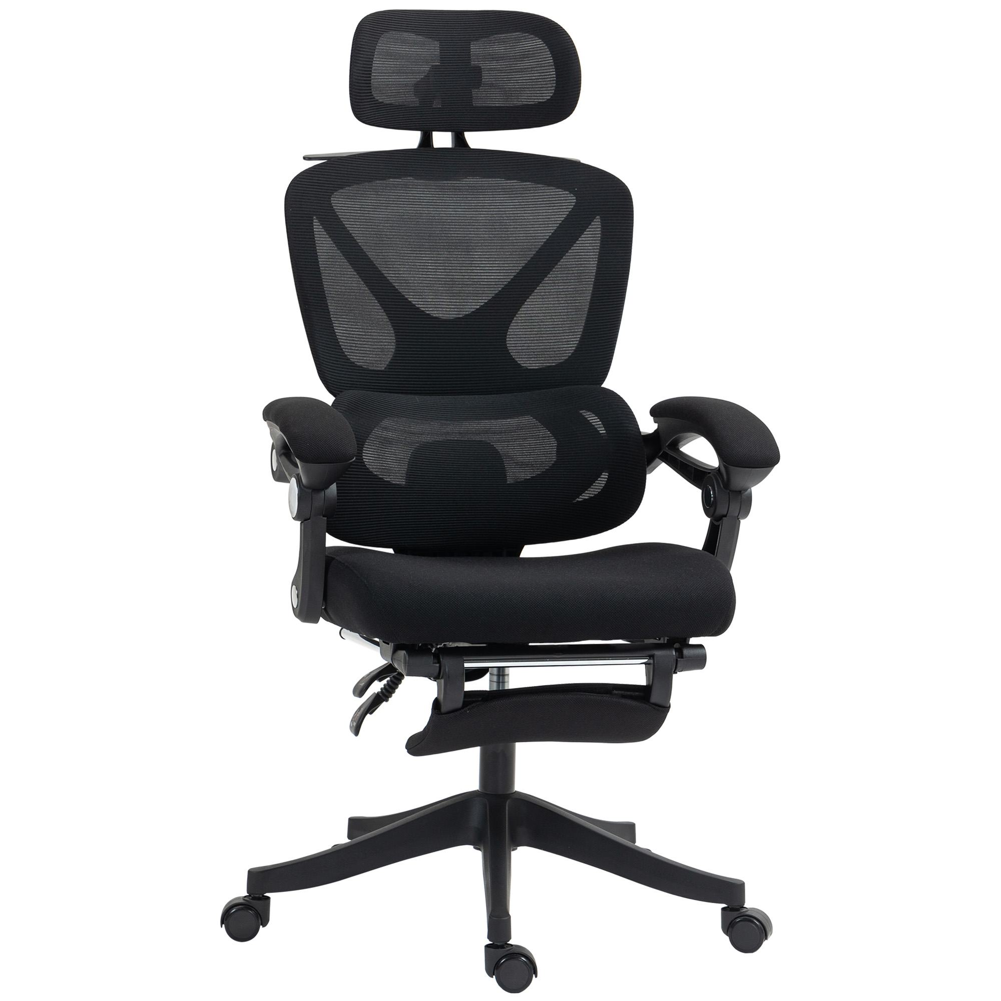 HOMCOM Ergonomischer Bürostuhl mit verstellbarer Kopfstütze, neigbarer Mesh-Bürostuhl, geteilte Rückenlehne, synchronisierte Armlehnen, höhenverstellbar, Lendenstütze, Fußstütze, Schwarz Aosom