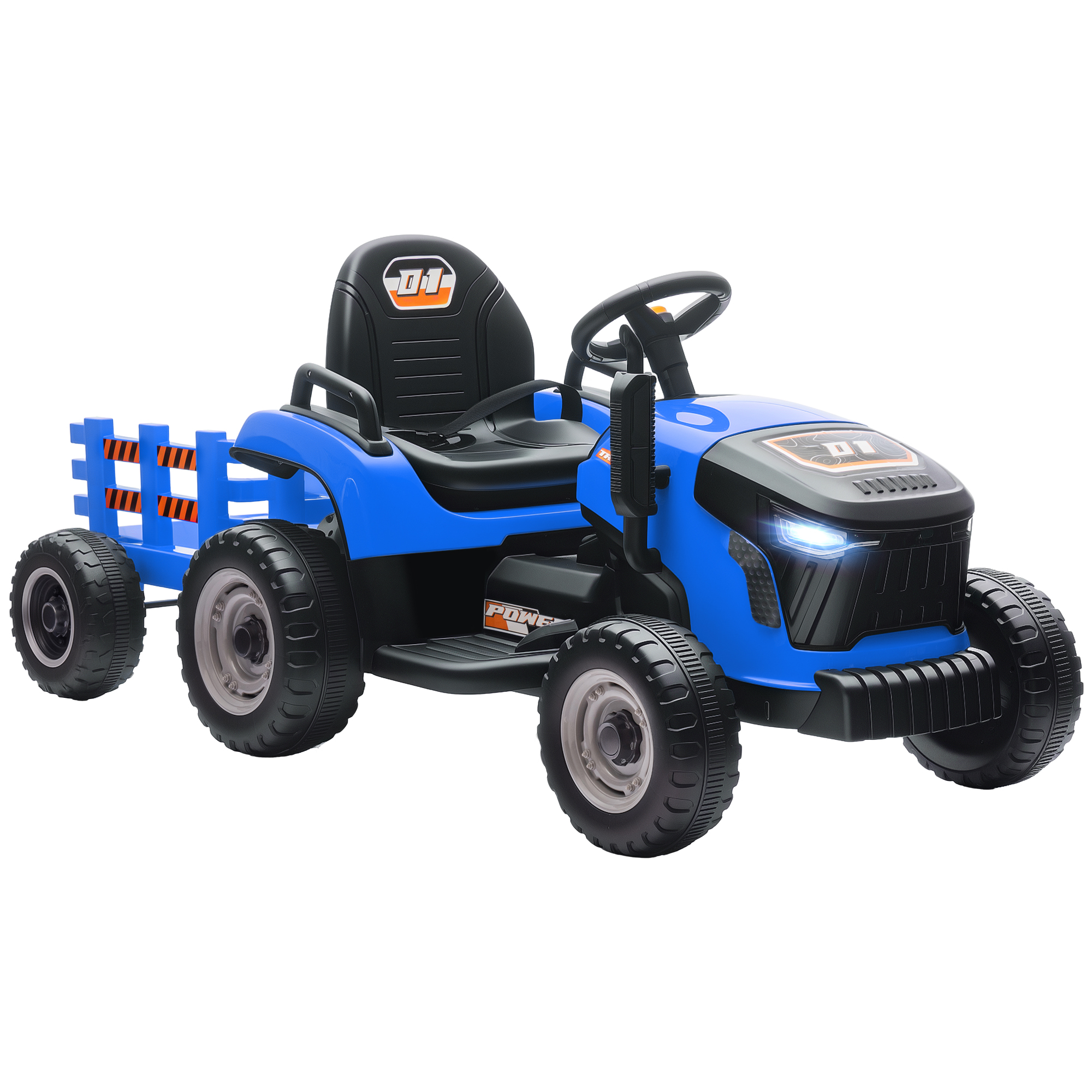 AIYAPLAY Elektrischer Kinder Traktor mit Anhänger, Aufsitztraktor mit Fernbedienung, 2 Motor, 3-Gang Kinder Elektroauto mit Musik, Hupe, Startgeräusch, Sanft Start, 3-5km/h, für 3-8 Jahre, Blau Aosom