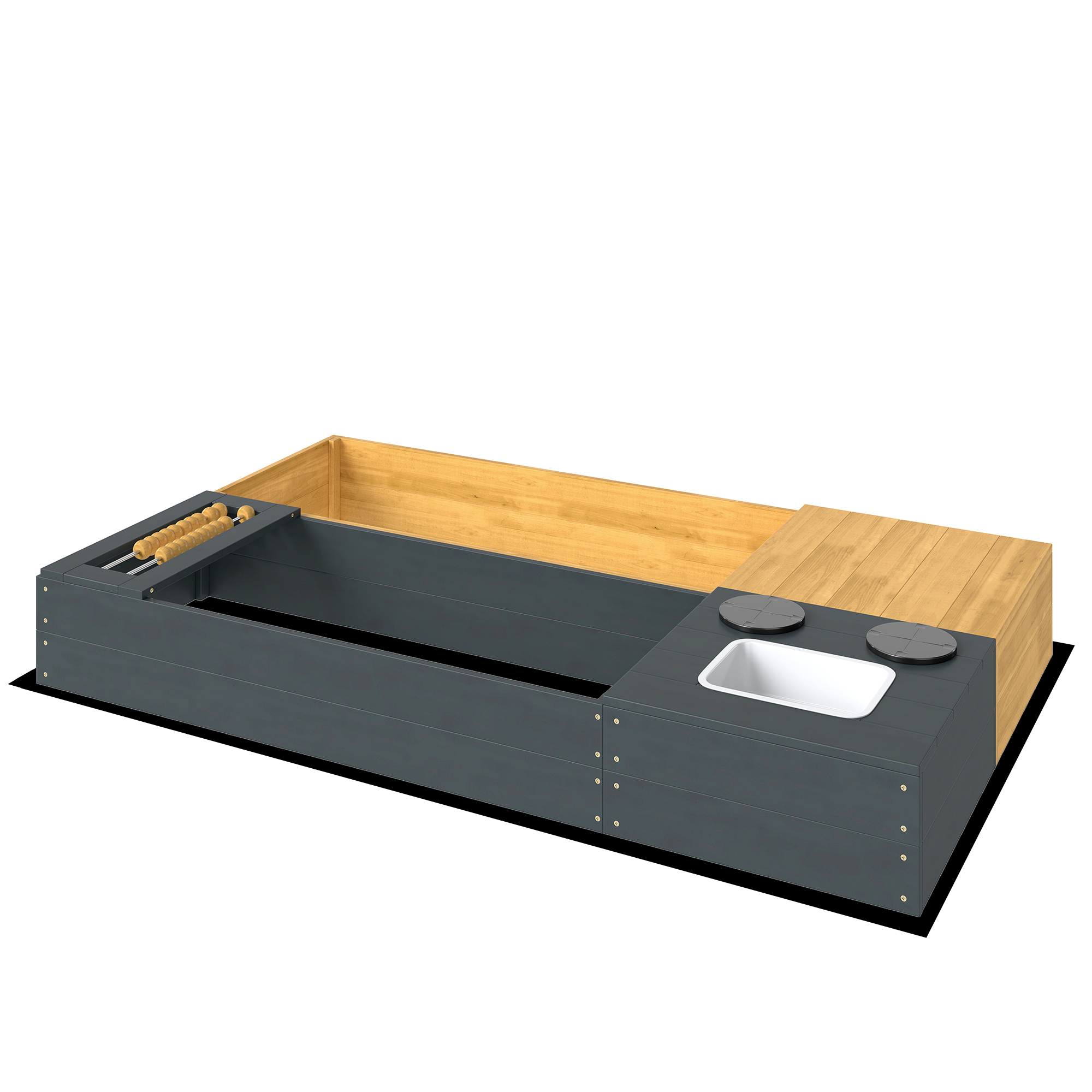 AIYAPLAY Sandkasten 2-teilig 150 x 90 cm Sandkiste aus Holz mit Sitzbank Stauraum Herd herausnehmbarem Waschbecken Abakusperlen Sandbox für Kinder von 3-8 Jahren, für Outdoor Garten Hinterhof Gelb Aosom