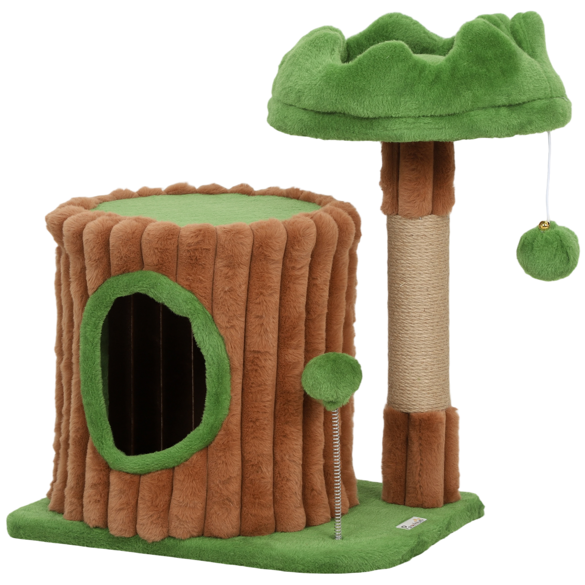 PawHut Kratzbaum 53 cm hoch Katzenbaum mit Höhle, Baumstamm-Design, Jutestämme, 2 Bälle, Katzenkratzbaum, Kletterbaum, Plüsch, für 1-2 Katzen unter 5 kg, Braun+Grün Aosom