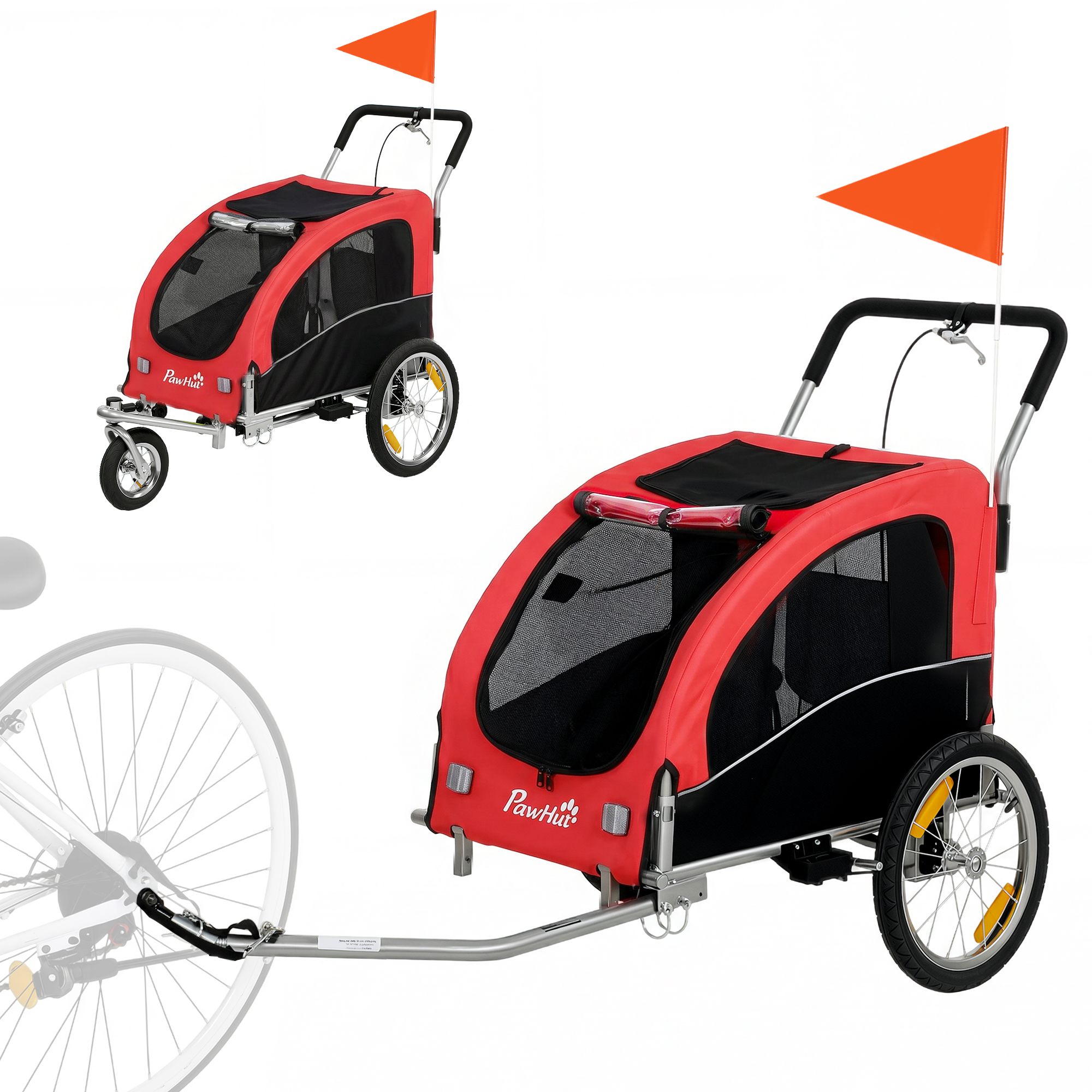 PawHut 2-in-1 Hundeanhänger für Fahrrad & Jogger Hundebuggy für kleine & mittelgroße Hunde bis 20 kg Faltbarer Fahrradanhänger mit 600D Oxford, Reflektoren, Handbremse, Universelle Kupplung, Rot Aosom