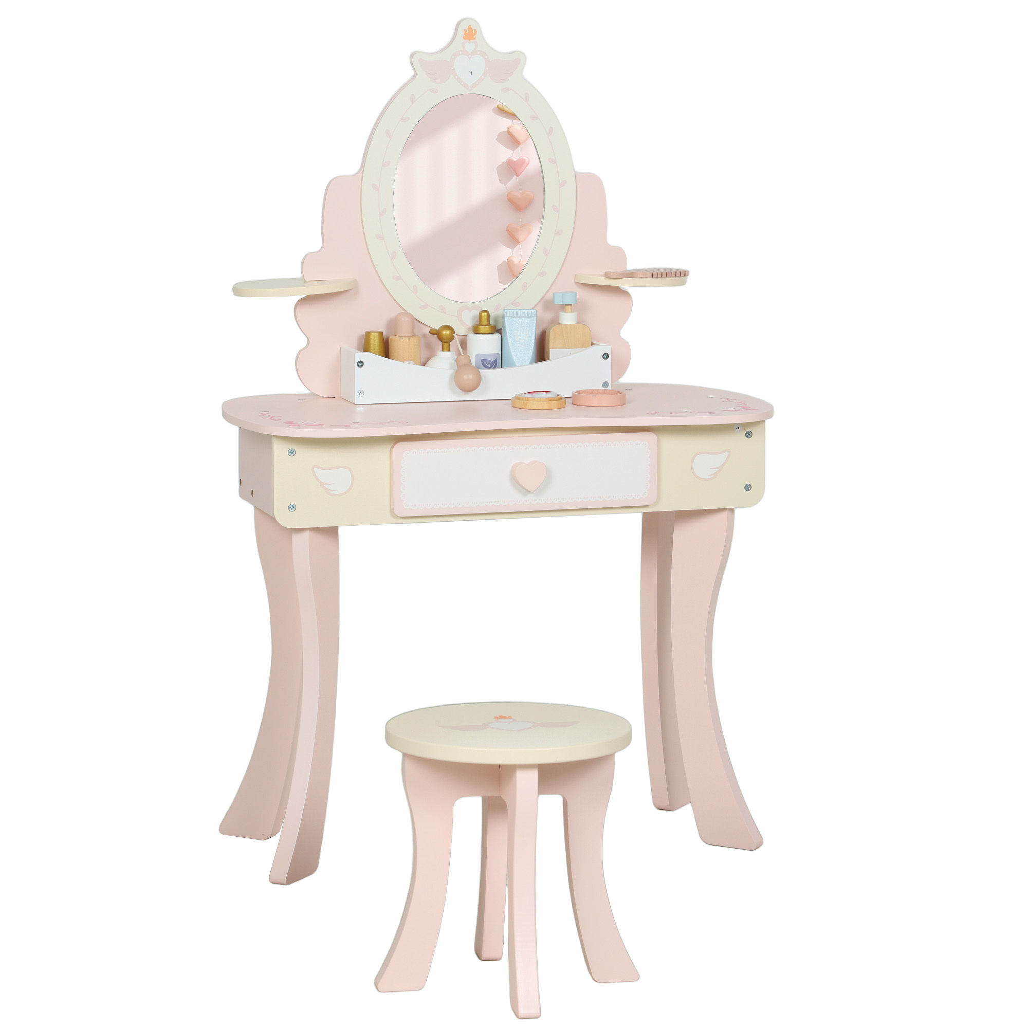 AIYAPLAY Schminktisch Kinder, Schminktisch-Set mit Hocker, Schublade, abnehmbarem Spiegel, Frisiertisch mit Regal, 7 Spielzubehörteilen, 2-in-1-Kosmetiktisch für Kinder ab 3 Jahre, Rosa Aosom