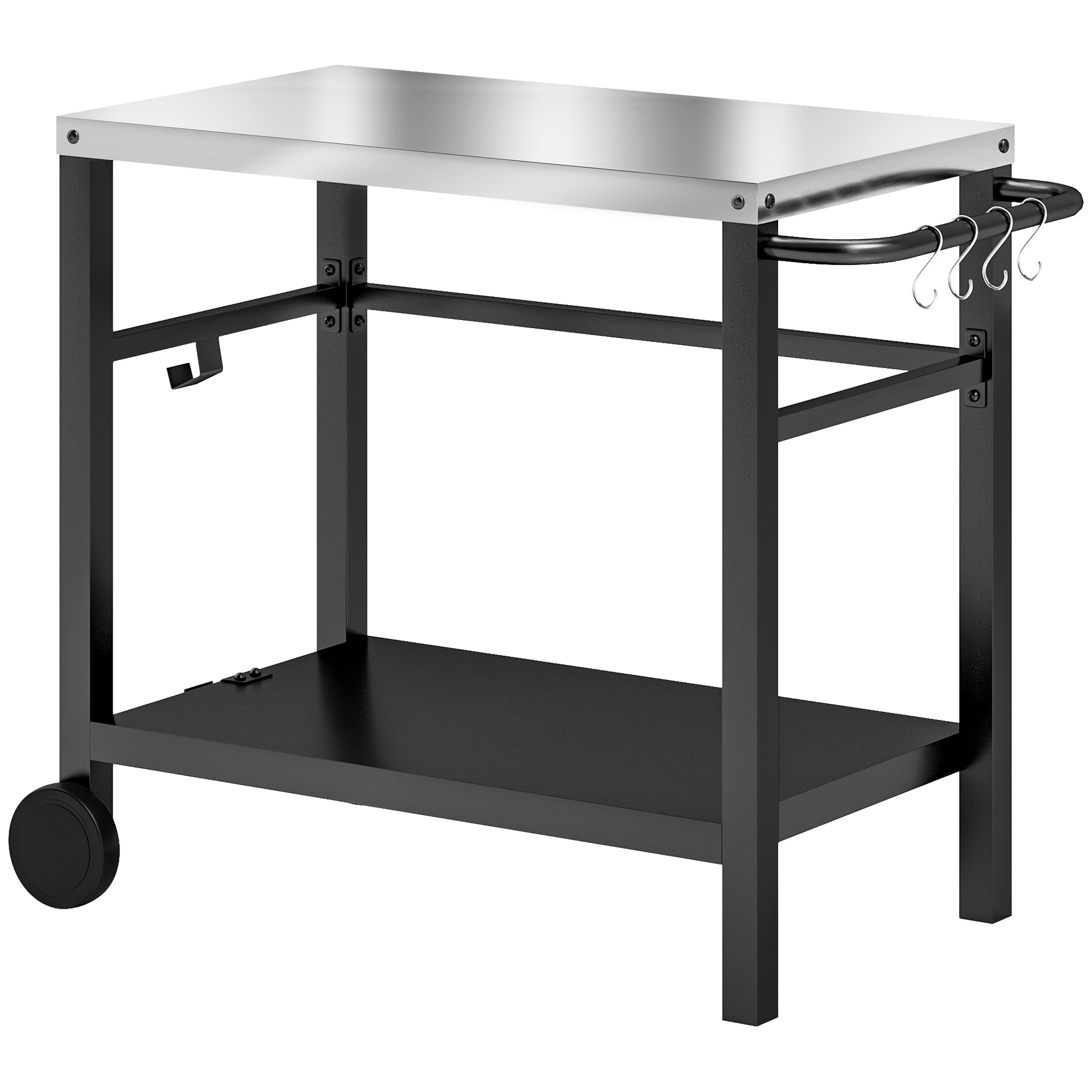 Outsunny Grillwagen 2-Etagen Servierwagen mit Arbeitsfläche Ablagen Haken Räder, BBQ Grilltisch aus Edelstahl, Grill Beistelltisch, Outdoor Rollwagen für Garten, Terrasse, Grill, 102 x 56 x 81cm Aosom