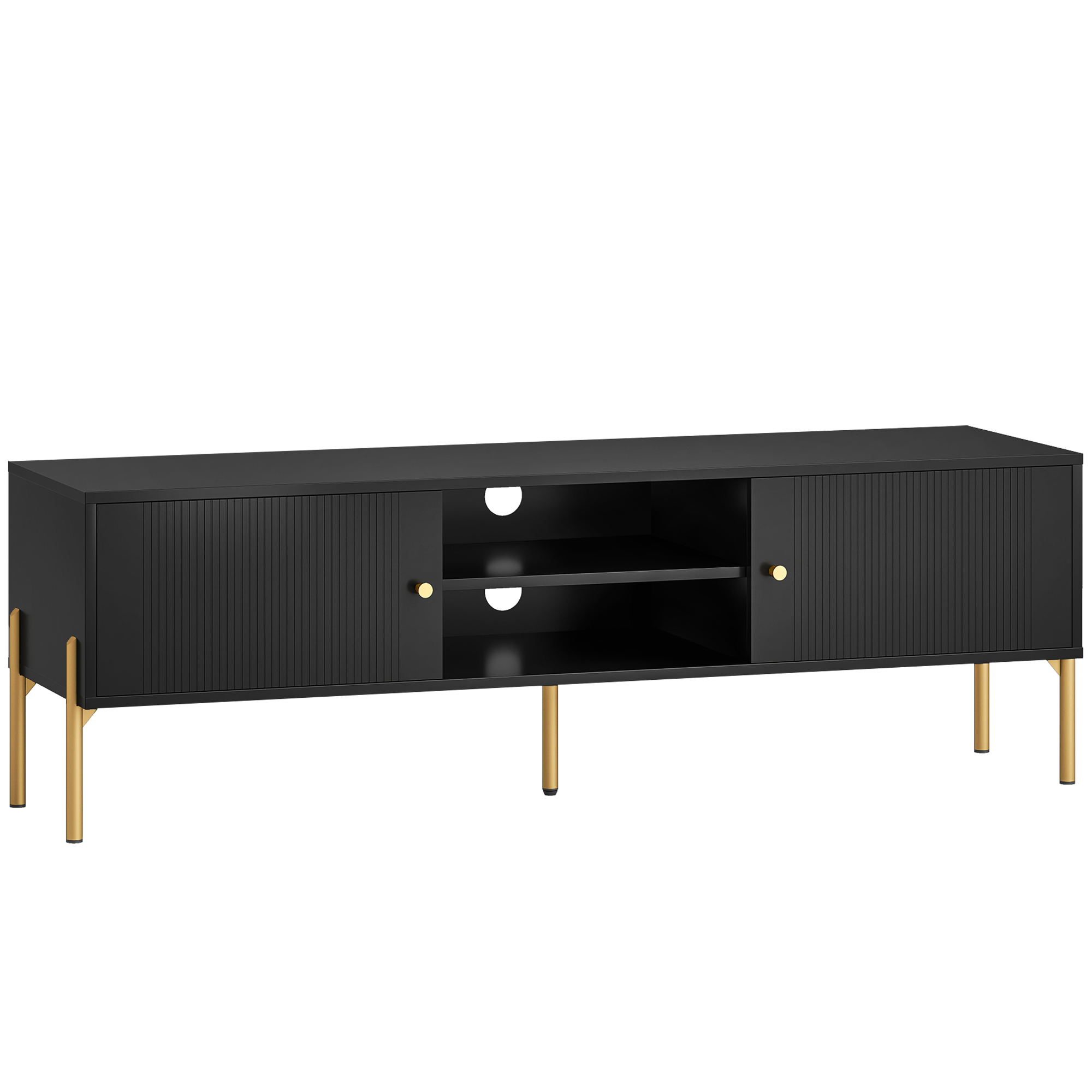 HOMCOM TV-Möbel 140 cm für Fernseher bis zu 165,1 cm - Modernes TV-Möbel mit geriffelten Türen, 2 offene Fächer und goldfarbenen Stahlfüßen - TV-Bank für Wohnzimmer, Schlafzimmer, Schwarz Aosom