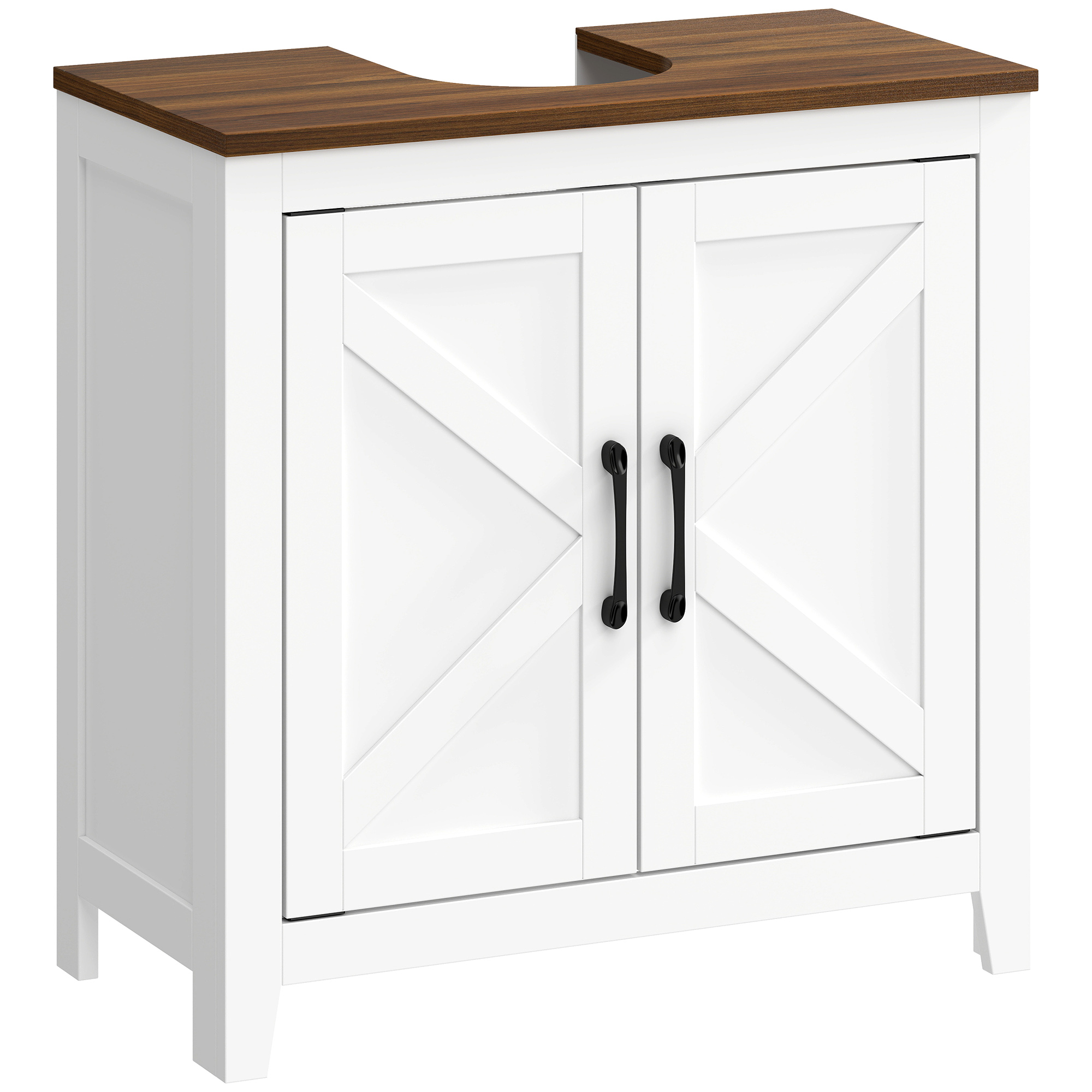 HOMCOM Unterschrank für Waschbecken, Badezimmerschrank mit verstellbarem Regal, 2 Scheunentüren und U-Ausschnitt, rustikaler Stil, für Waschbecken mit oder ohne Sockel, 60x30x61,3 cm, Weiß und Nussbaum Aosom