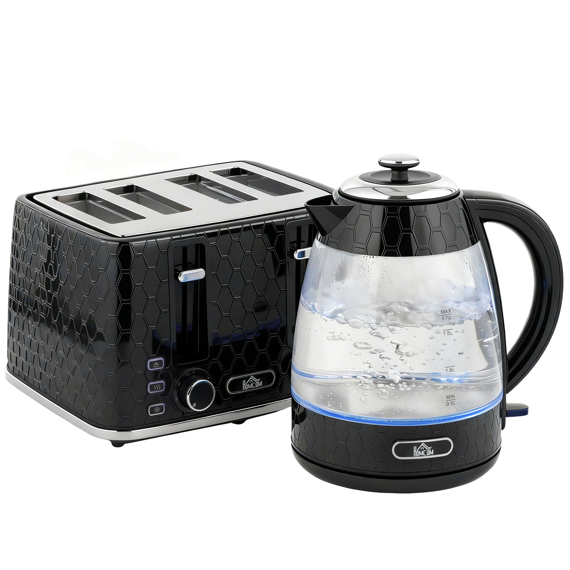 HOMCOM Wasserkocher Toaster Set, 1,7L 2200W Schnellkoch-Wasserkocher mit Kalkfilter, 4-Scheiben-Toaster mit 7 Bräunungsstufen, Krümelschublade, Schwarz Aosom