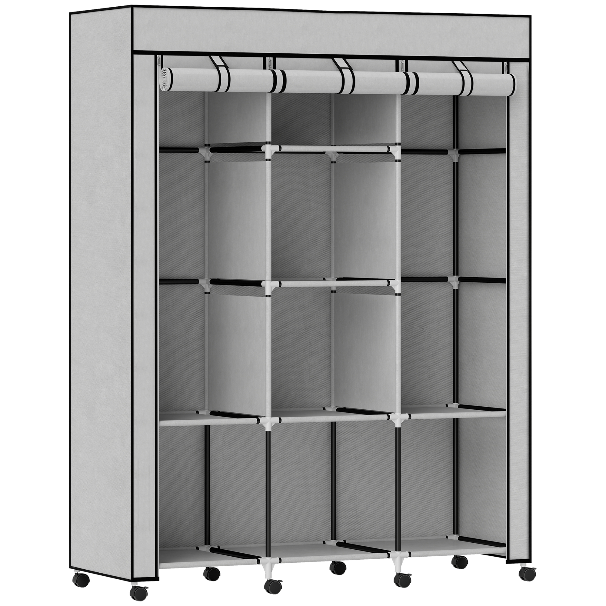 HOMCOM Stoffschrank, Kleiderschrank mit Rolle, Kleiderstangen, 8 Ebenen, Faltschrank, Faltbare Garderobe für Schlafzimmer, Flur, Vliesstoff, Hellgrau, 125 x 43 x 162,5 cm Aosom