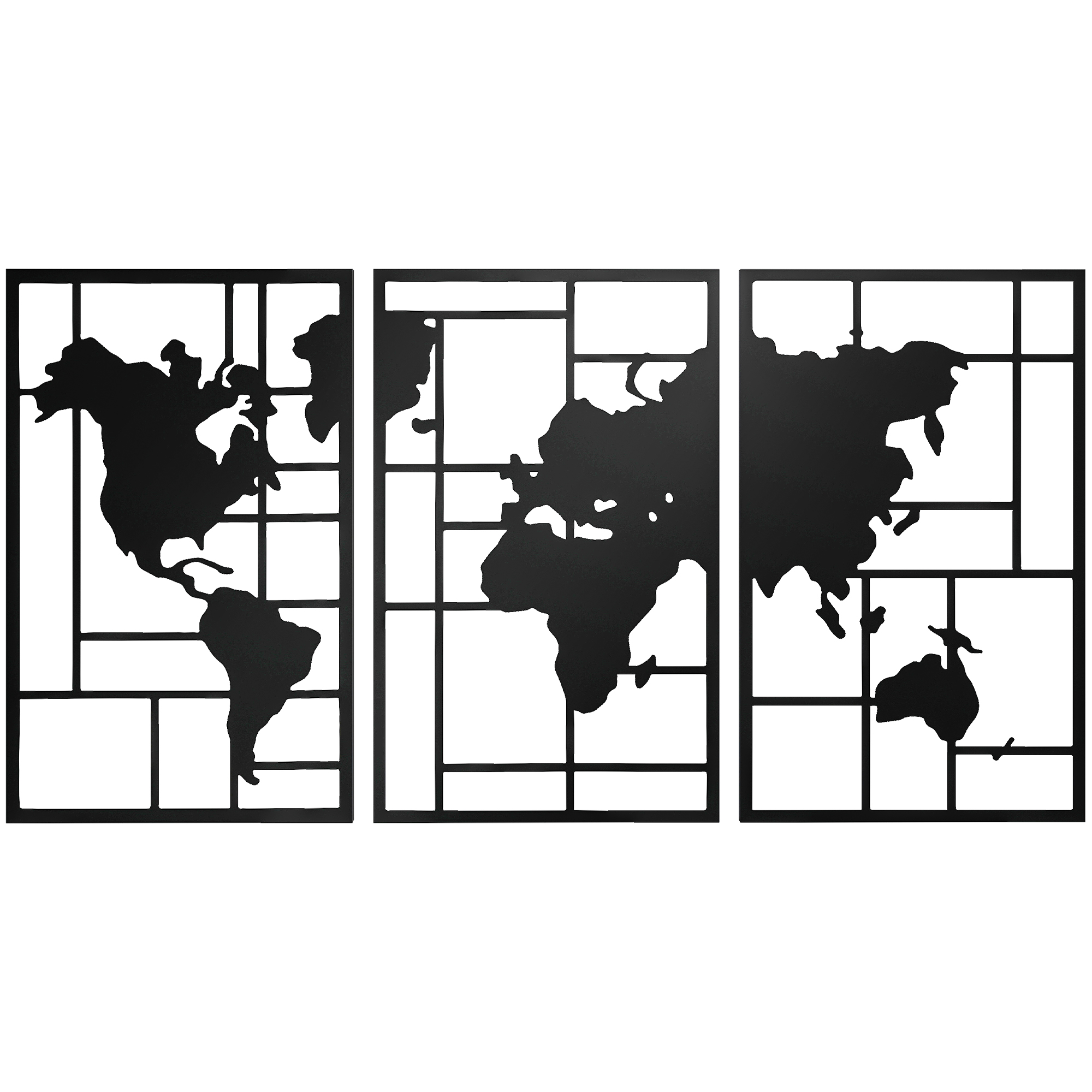 HOMCOM Wanddeko Metall 3 Stück Wanddekoration Weltkarte Wandkunst für Wohnzimmer Schlafzimmer Flur, 50 x 80 cm, Schwarz Aosom