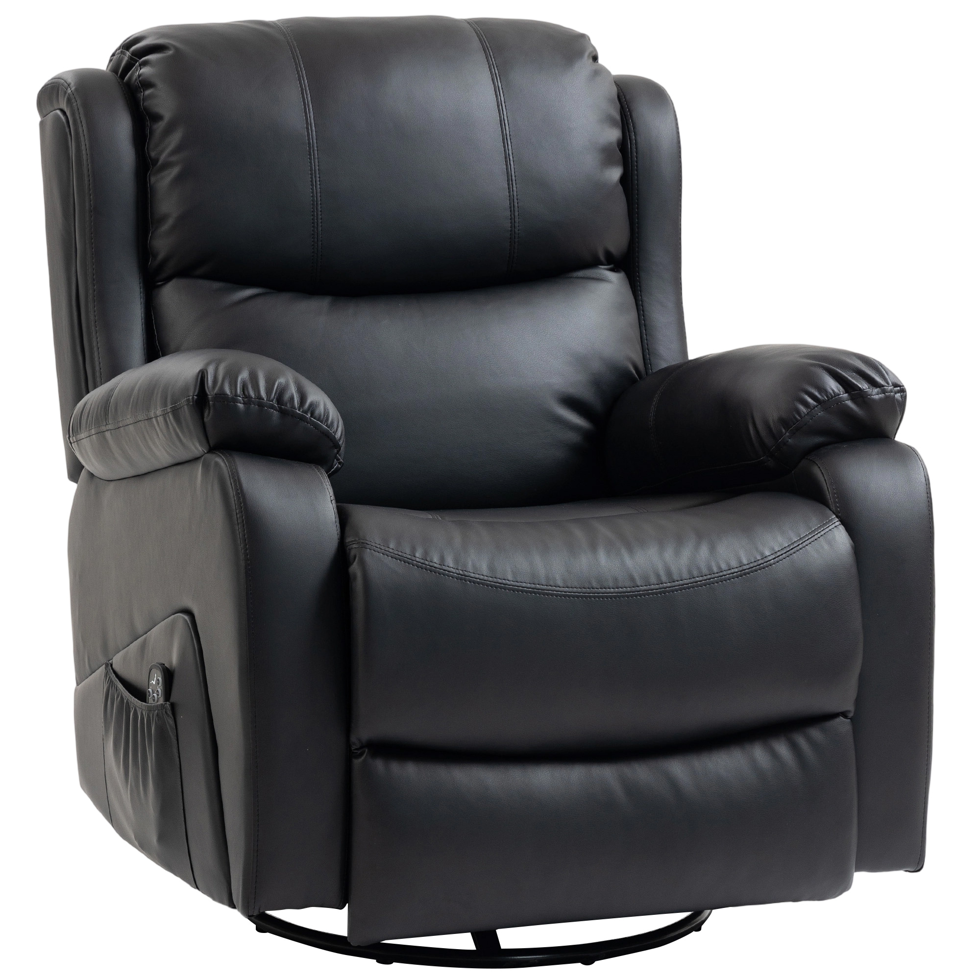 HOMCOM Relaxsessel verstellbar Fernsehsessel mit Liegefunktion, 3 Massagemodi, Heizung, Drehbar Massagesessel mit Wippfunktion, Fernbdienung, Kunstleder, Seitentasche Schwarz   Aosom