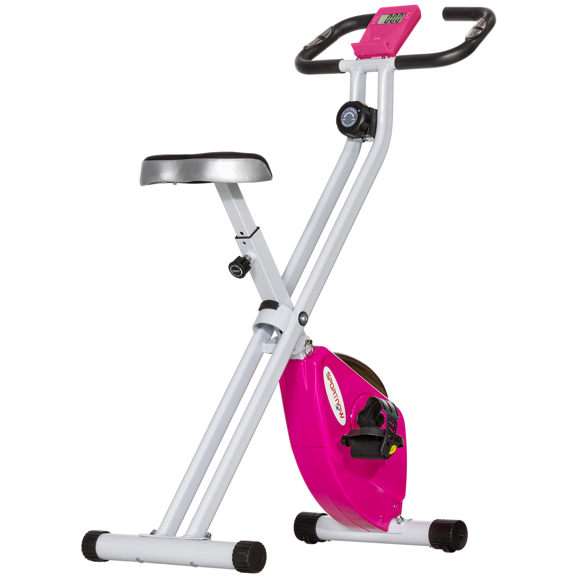 SPORTNOW Klappbarer Magnet-Heimtrainer für Zuhause mit 8-stufigem Widerstand, LCD-Display und Herzfrequenz, Rollen, verstellbarem Sattel und integriertem Halter, aus Stahl, Rosa und Weiß   Aosom