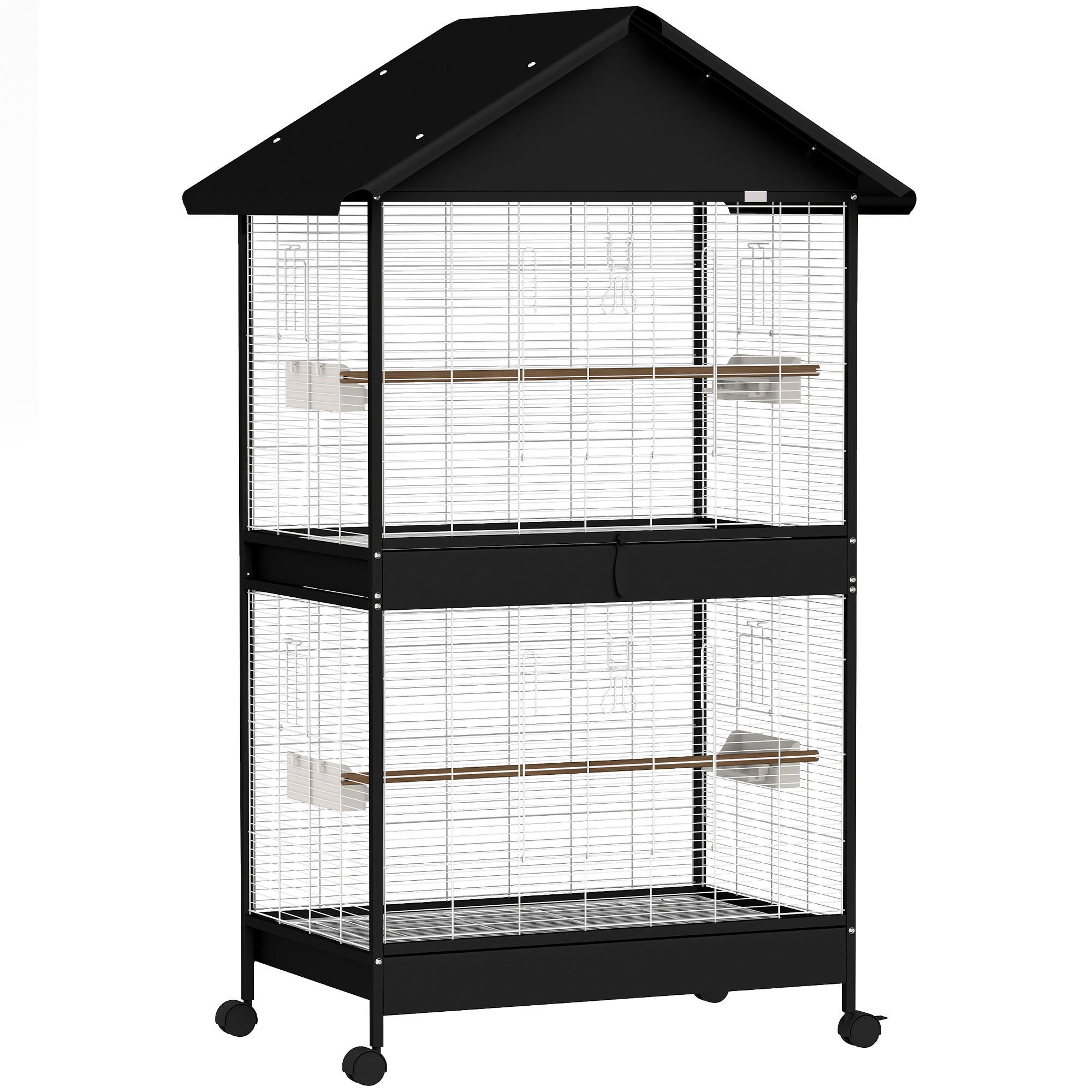 PawHut Vogelvoliere Groß Vogelkäfig mit Abnehmbar Trennwand 2 Türen 2 Holzstangen Rollen 2 Schalen 4 Futterspendern Vogelhaus XXL Vogelbauer für Wellensittiche Nymphensittiche Kanarien 94 x 70 x 158cm Aosom