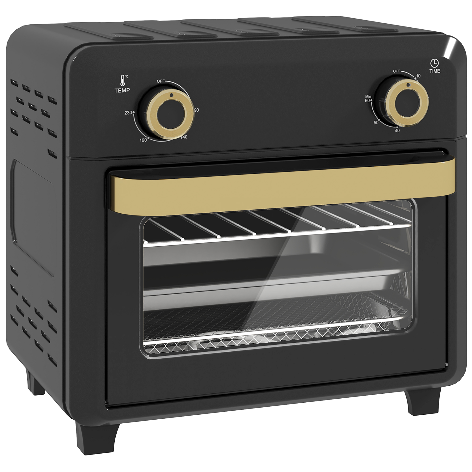 HOMCOM Minibackofen mit Umluft, 10L Heißluftfritteuse, Backofen Klein mit 60-Min-Timer und Innenbeleuchtung, 80-230℃, 3 Einschubebenen, Zubehör Spülmaschinenfest, 1000W, Schwarz Aosom