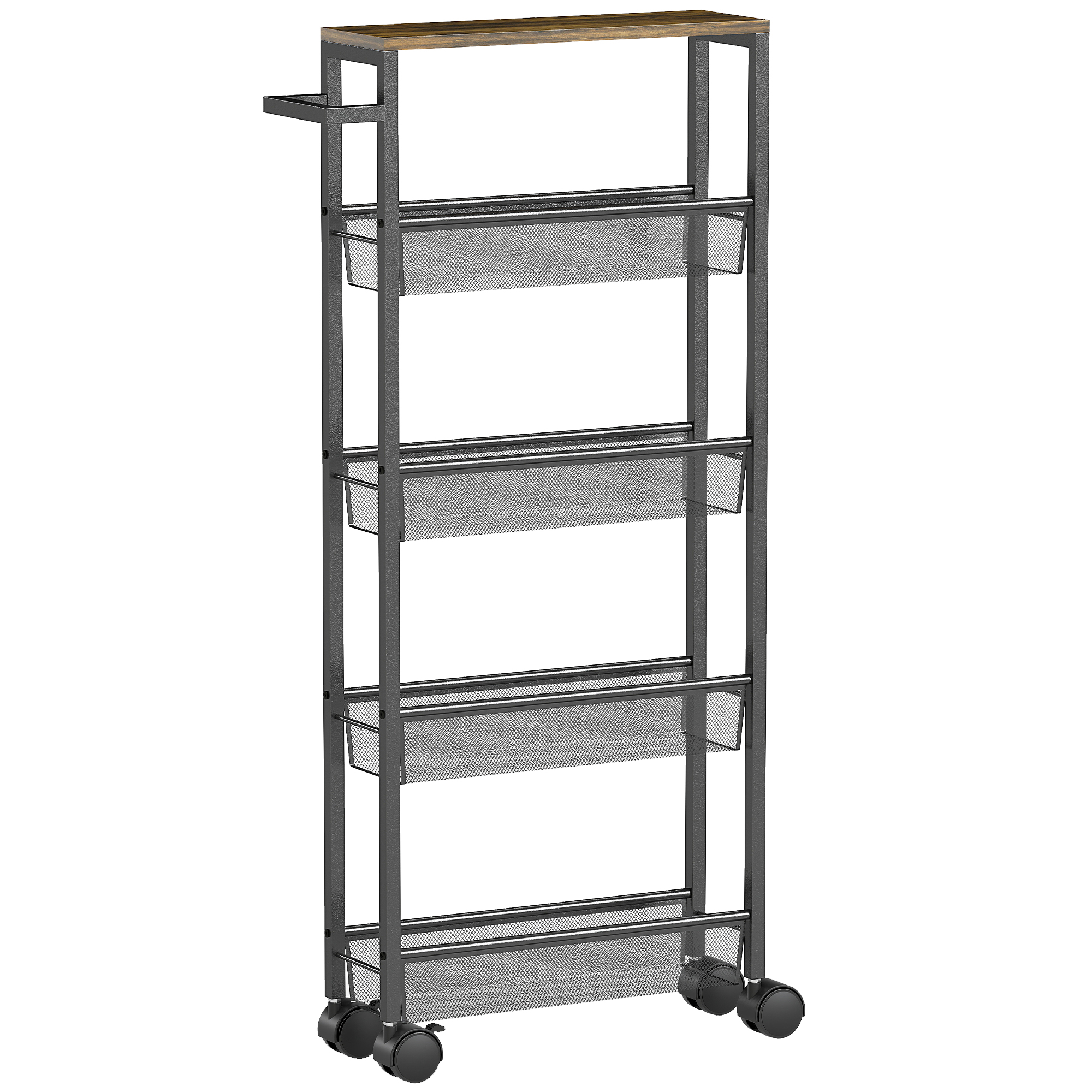 HOMCOM Küchenwagen Servierwagen mit 5 Ebenen, Schmaler Rollwagen Küchenregal mit Arbeitsplatte in Holzoptik, Rollen, Griff, Metallrahmen, für Esszimmer, 47 x 13 x 96,5 cm, Schwarz Aosom