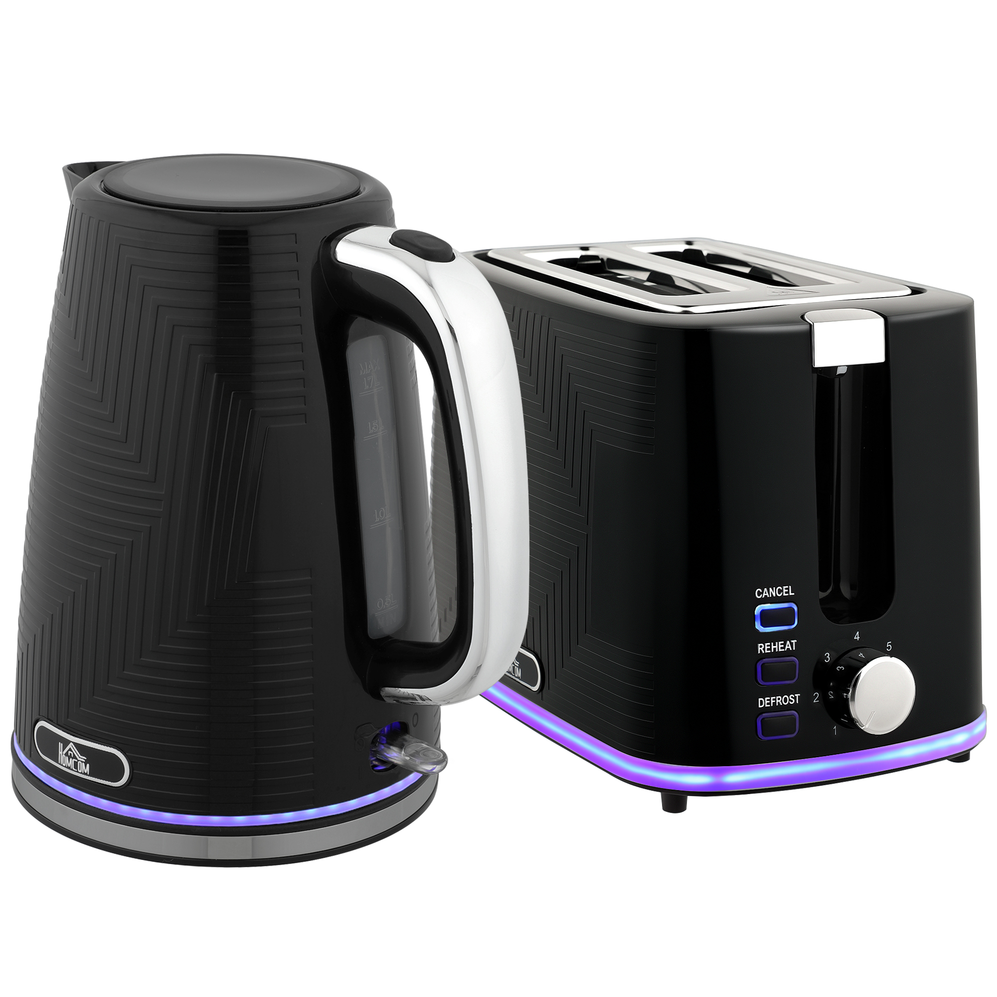 HOMCOM Wasserkocher Toaster Set Edelstahl 1,7L Wasserkocher 2 Scheiben Toaster 2200W Frühstücksset mit Otter-Thermostat, 7 Bräunungsstufen, Auftauen, Aufwärmen, Krümelfach, Kalkfilter Schwarz Aosom