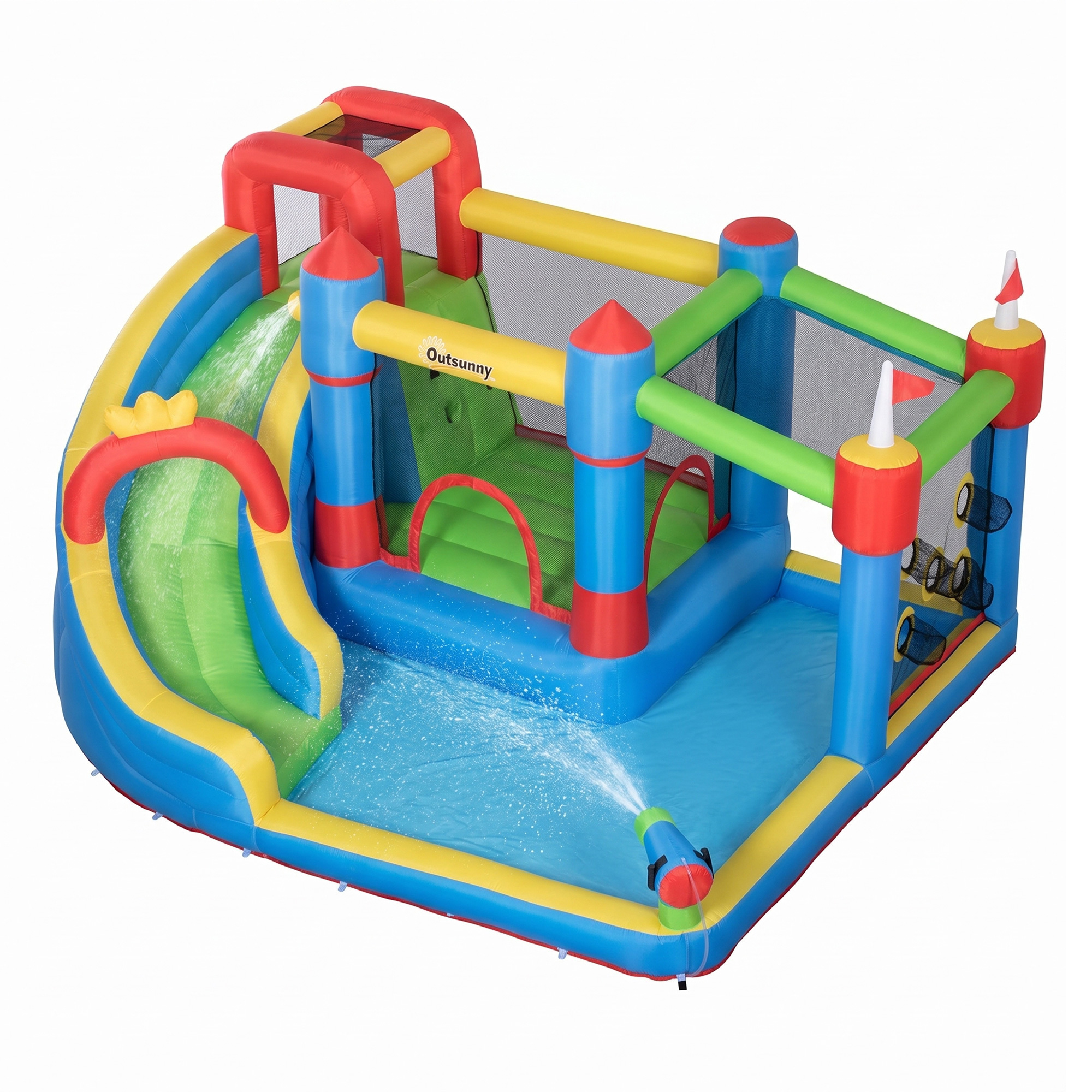 Outsunny Hüpfburg mit Gebläse für Kinder aufblasbare 6 in 1 Wasserpark mit Wasserrutsche Planschbecken Kletterwand Trampolin Wasserpistole für Indoor Outdoor Geschenk Geburtstag für 3 Kinder 3–8 Jahre Aosom